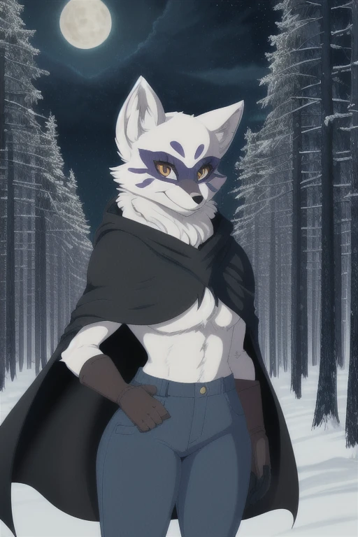 Alopex, arcticfox, tmnt, smile, orange eyes, girl1, solo, snow, black cloak, cape, tail, black shorts 