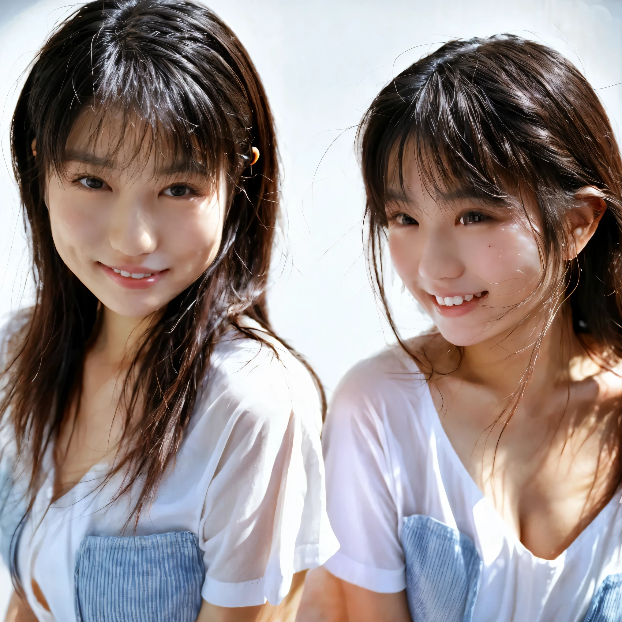 (8K、Raw photography、top-quality、masterpiece:1.2)、ultra-detailliert、Live-action girl、blurry backround、Japan girls happily splashing water on each other in the river、Wearing a white T-shirt、Wearing dark blue shorts、Realistic Japan Girl、Beautiful wet hair、The white T-shirt is soaked and the human skin is see-through、The whole body is soaked and realistic human skin lines float、Raw Video、Live action cute smiling girl dripping water、River Frontier、River