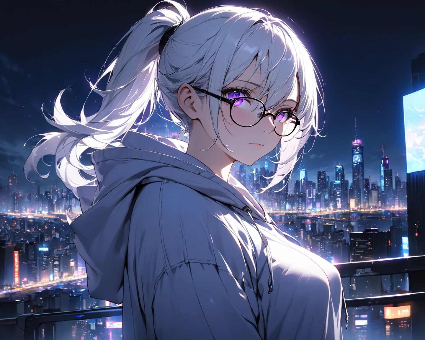 anime girl with white hair and glasses standing on a balcony, girl with short white hair, best anime 4k konachan wallpaper, anime visual of a cute girl, city in the background, 4k anime wallpaper, anime moe artstyle, anime style 4 k, 4 k manga wallpaper, girl with white hair, city in background, anime style. 8k