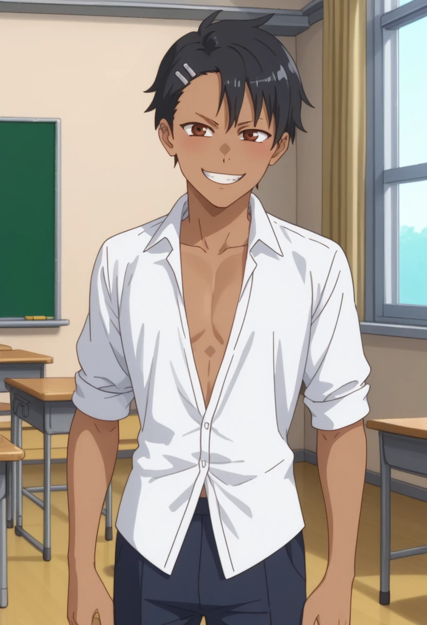shinkai makoto, kimi no na wa., 1boy, buzzcut, muscular, solo, grin, looking at the viewer, bedroom, night, lamp, light off, unbuttoned pants, pants down, erect penis, masterpiece, crawling in bed,