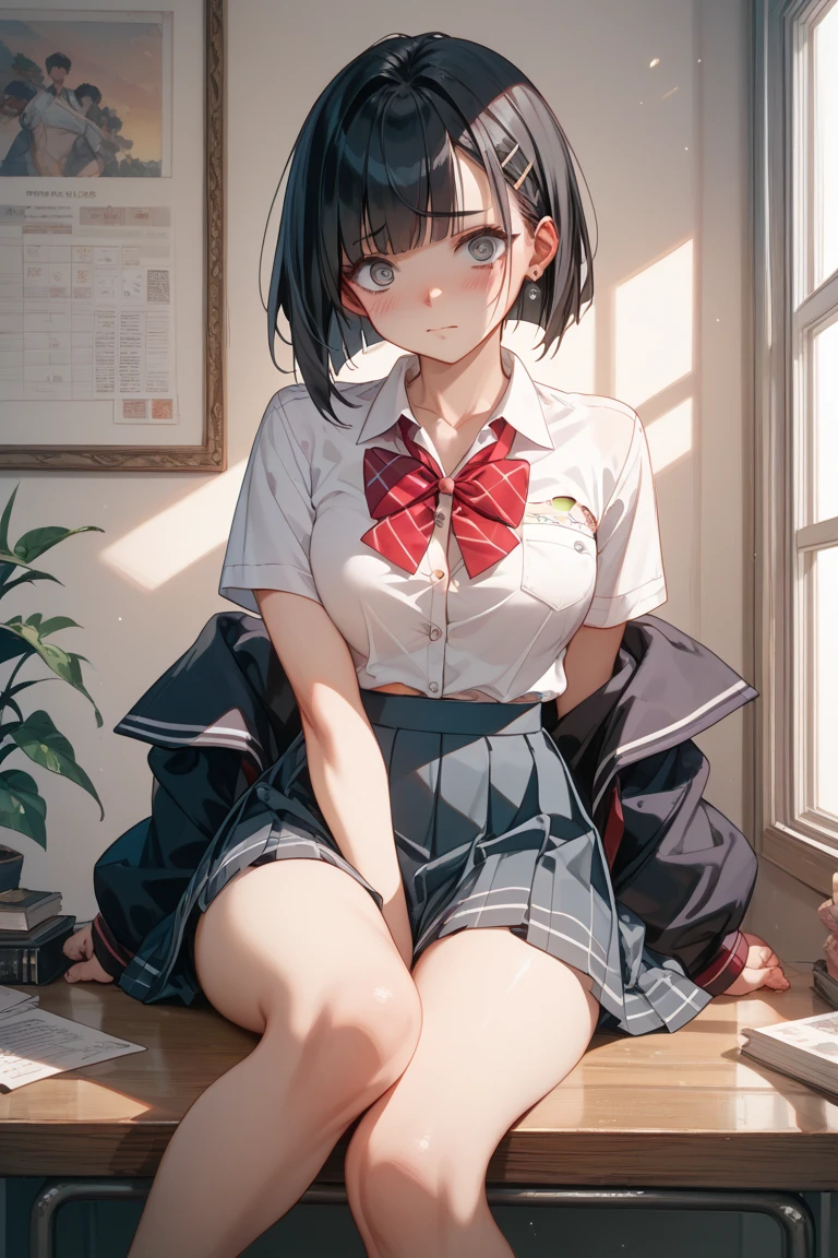 1 girl, 16 years old, Dynamic posing, dynamic angle, Arrange pose,Top quality work,Show Legs,(short black hair),(blue eyes), Rose cheeks, Pretty Face, A perfectly proportioned face, school white shirt with red bow and black skirt, (school uniform), white stockings,in classros, She is laughing
