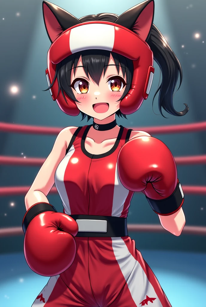 Wear Highleg athletic Outfits , wear boxing groves , asian girl , stand in boxing ring , anime style face.