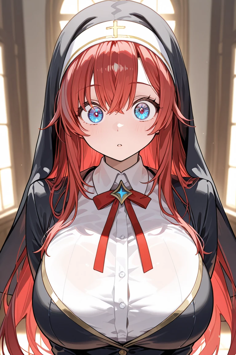 18 year old beautiful girl, blue big eyes,  Petite and slender、slightly large breast, ((scarlet orange hair,)),(Loose fluffy short braided hair), in 8K, of the highest quality, (Highly detailed head: 1.0), (Very detailed face: 1.0), (very detail hair: 1.0),(Obscene bitch priest costume)、sexy tattoo, Detailed official artwork, anime moe art style, clean detailed anime art,cool smile