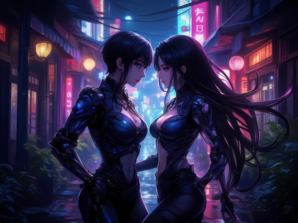 Mulher de 25 anos, com vestido estilo cyberpunk, com fenda, em uma rua de dia a luz do sol. She's on a cyberpunk street. Corpo inteiro.