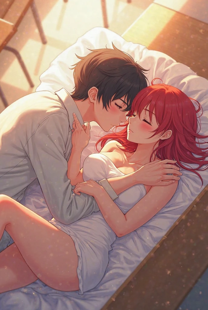 An anime boy had sex with a teacher in bed kiss