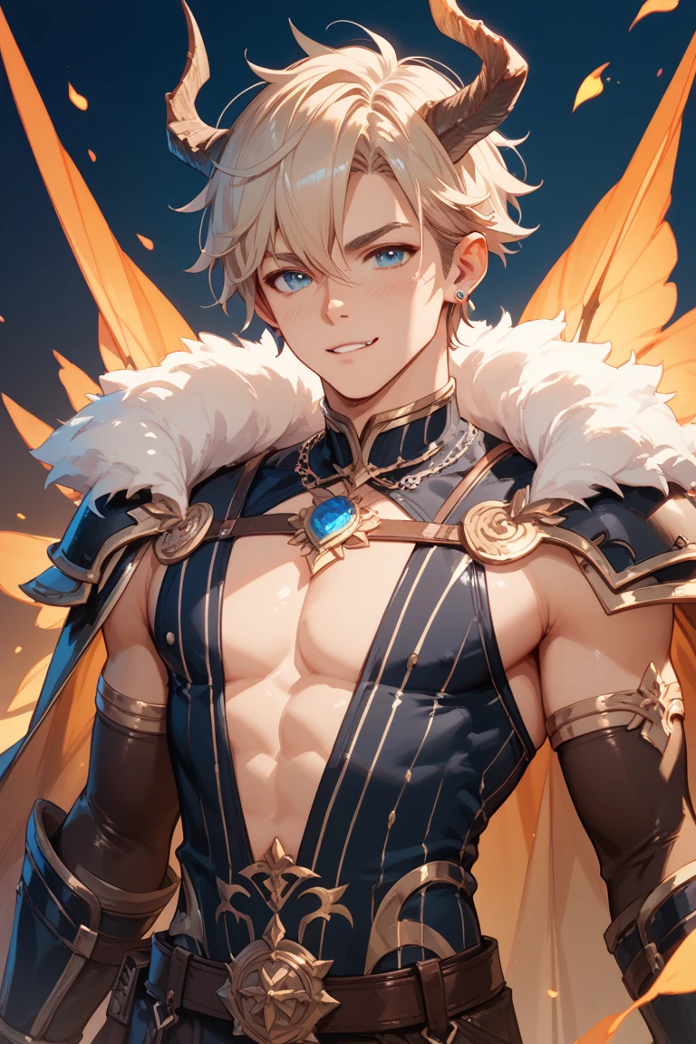 a close up of a man with a sword and armor, portrait of magical blond prince, skinny male fantasy alchemist, beautiful androgynous prince, delicate androgynous prince, fantasy male portrait, highly detailed exquisite fanart, beautiful male elf, extremely detailed artgerm, fantasy art smug smile man, fantasy art style, tall anime guy with blue eyes