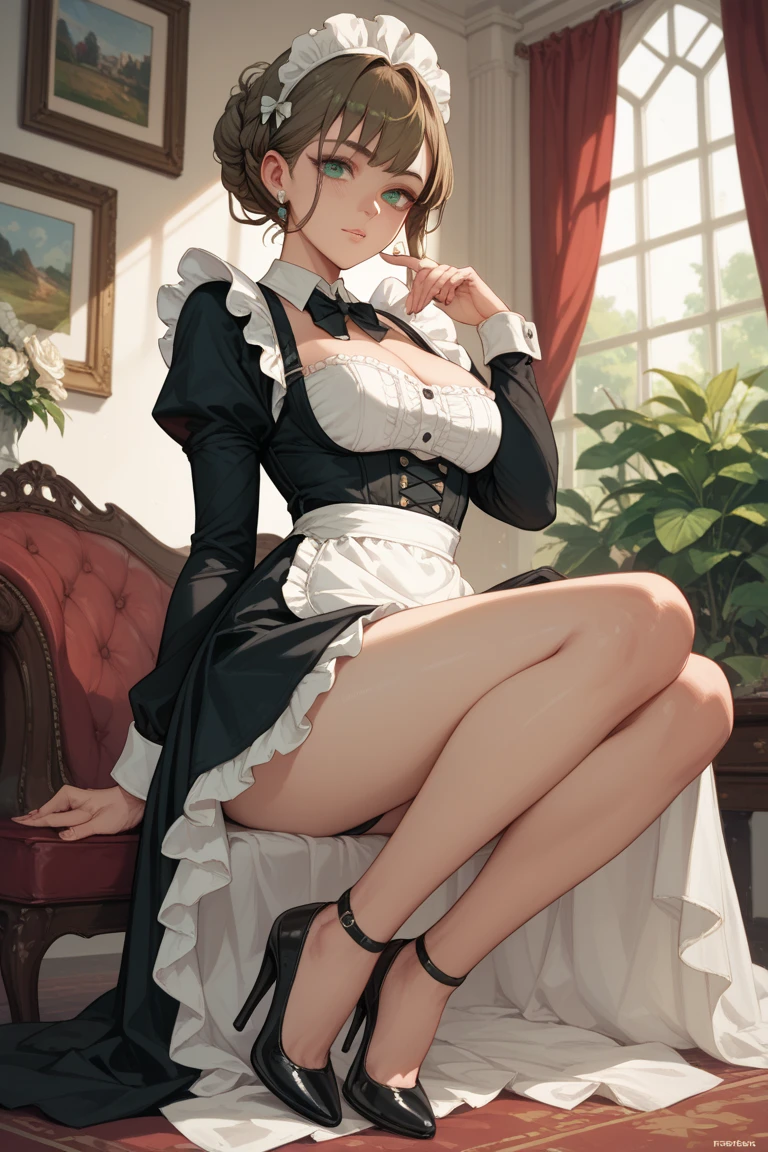 1girl, ass ,maid,victorian,shiny skin ,seductive smile,from behind,sitting,miniskirt,   (masterpiece, high quality:1.2)
