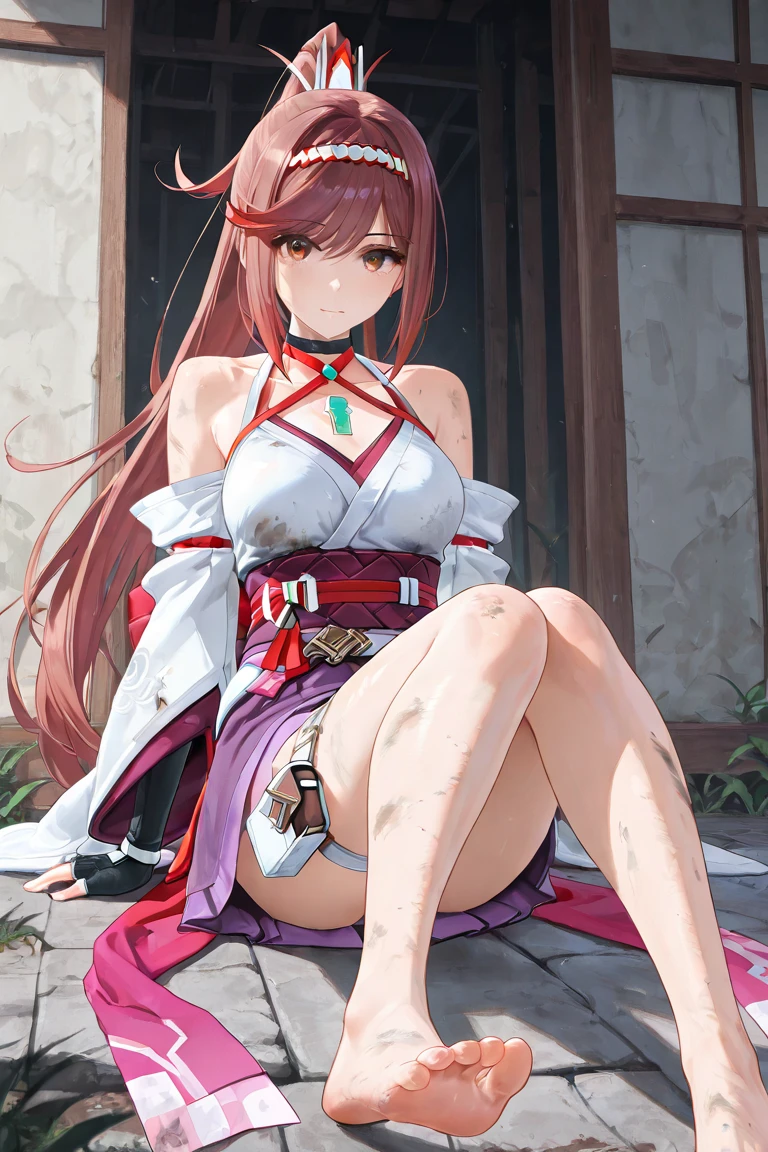 4K,High resolution,One Woman,Red Hair,long hair,Blue Eyes,Big Breasts,samurai,White high leg leotard,Sideboob,Red armor,White gloves,White shoes,hair band,Jewelry decoration,Japanese sword,Medieval town