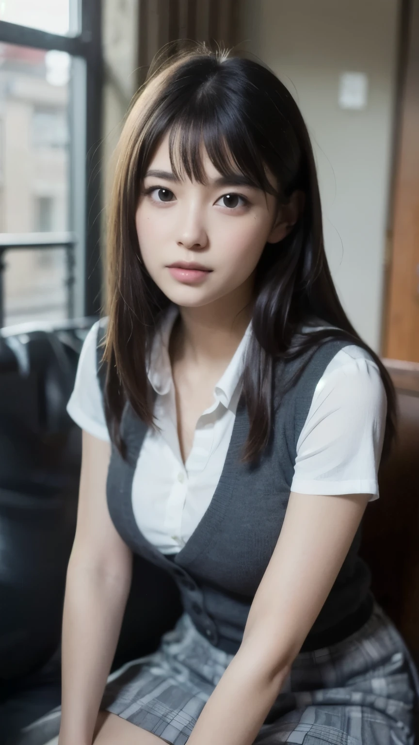 One girl、、 (alone)、(Thrust up the chest)、18 year old student、(Sitting in a school chair by the window)、She is in a bad mood、(Super beautiful girl:1.5)、Large Breasts、Tight blouse、(一张细致的face)、Textured Skin、face、Bare leg hair、(uniform)、high school、classroom、School desks and chairs、Out of the window, I can see the sea, the summer sky, and cumulonimbus clouds...