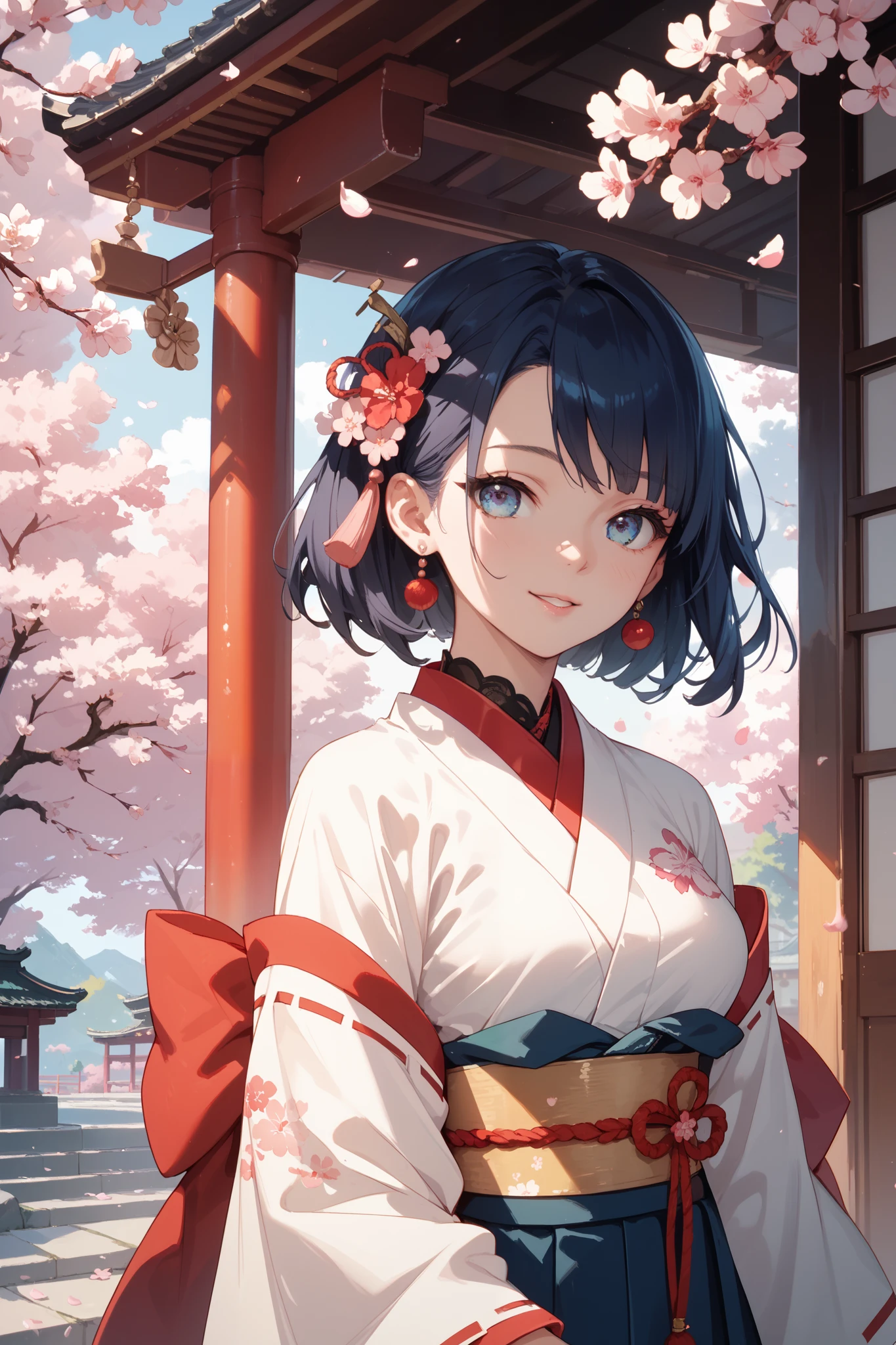 Anime girl in kimono outfit standing under cherry blossom tree - SeaArt AI