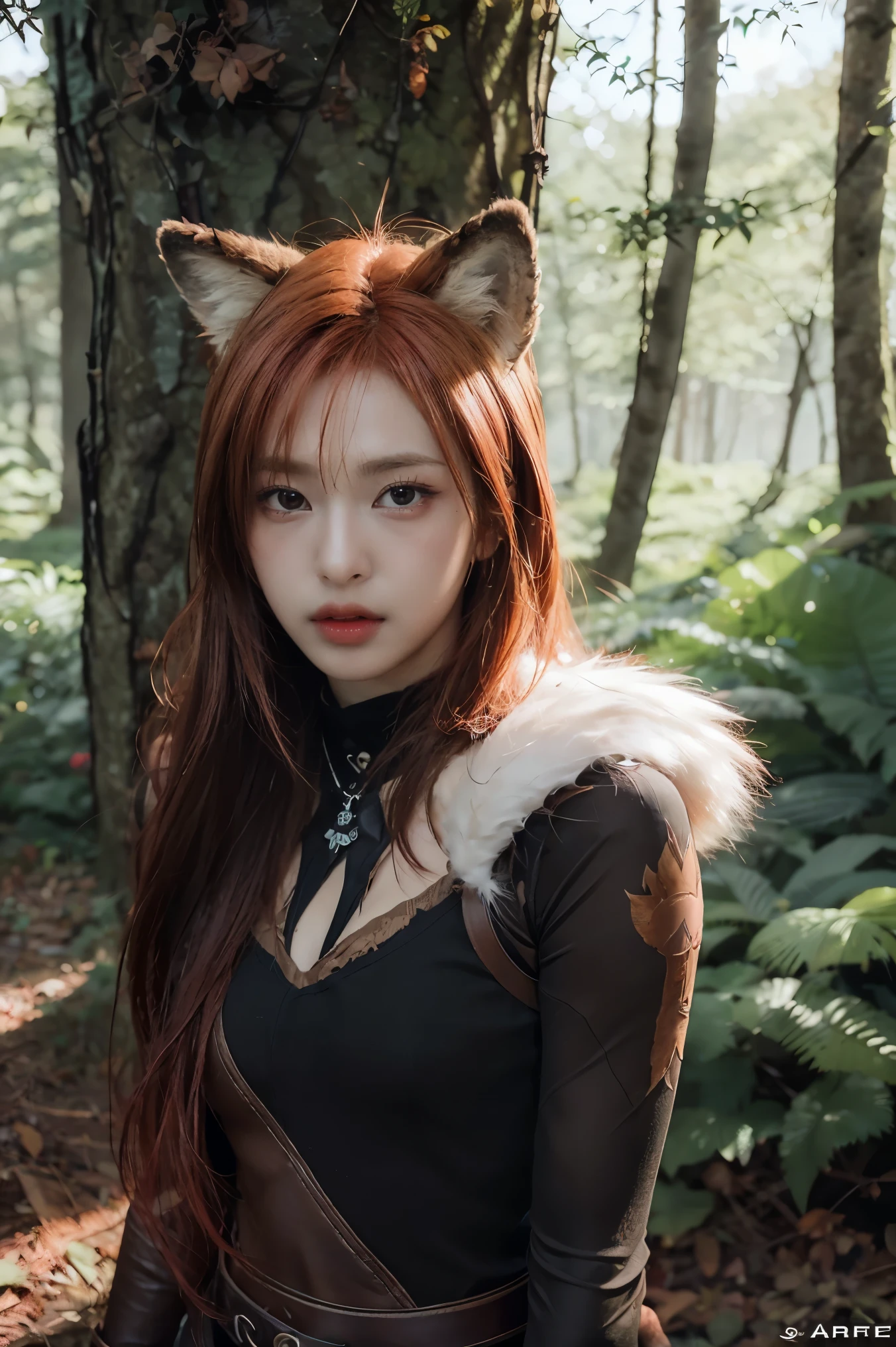 araffe with red hair and a furry tail in the woods, a digital painting by Daarken, cgsociety contest winner, furry art, very very beautiful furry art, dramatic cinematic detailed fur, furry fantasy art, loish and wlop, anthro art, furry wolf, pov furry art, furry art!!!, kemono, 🌺 cgsociety