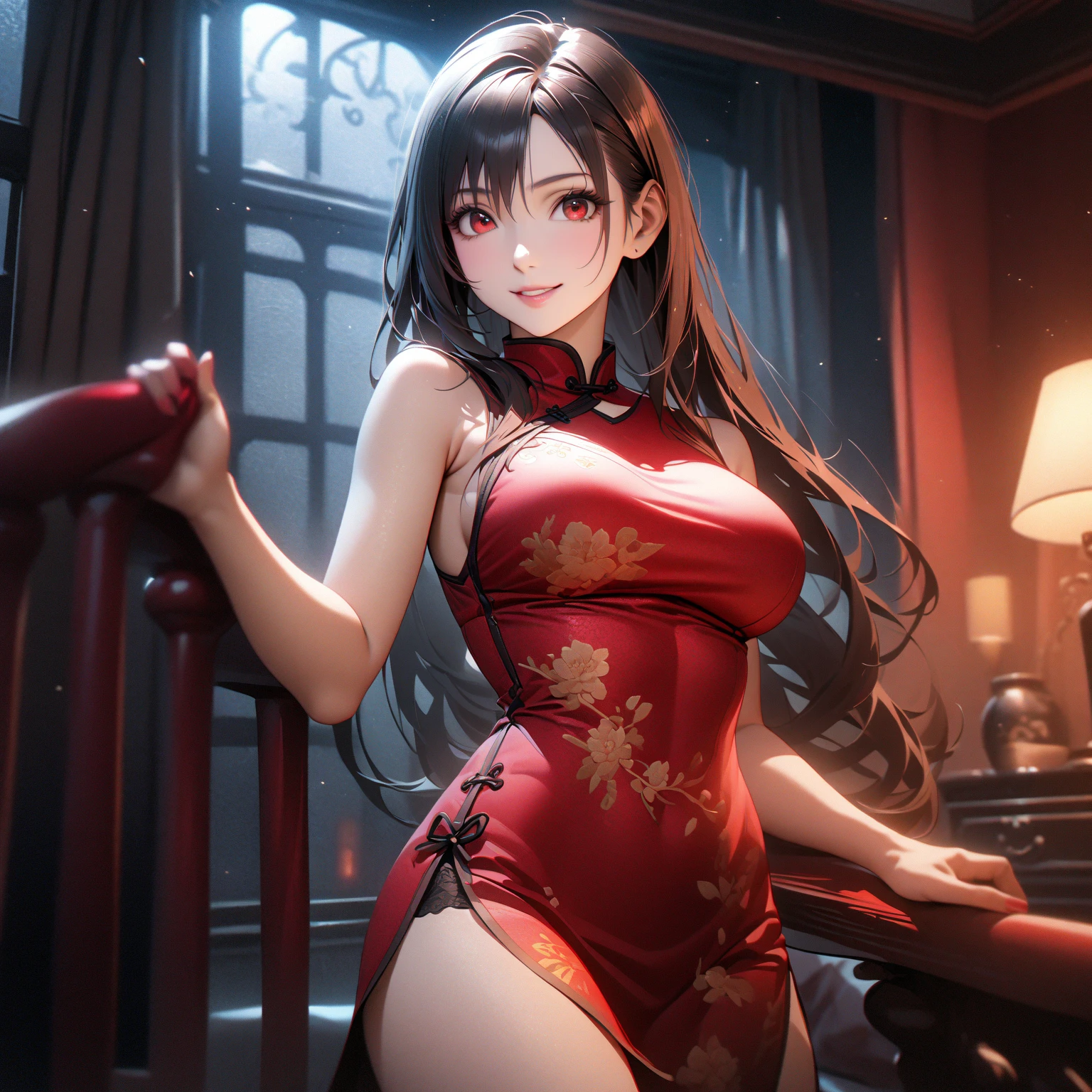 1girl, beautiful, vampire goddess, brunette very long hair, red eyes, sexy body and big breast, wearing a sexy red dress, ultrasharp, looking at the viewer, ((best quality)), ((masterpiece)), (detailed), perfect face,