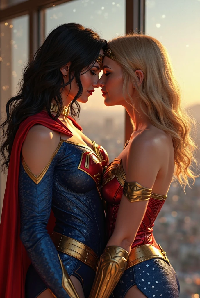 A very beautiful blonde Supergirl and a very beautiful brunette Wonder Woman are embracing each other。、Looking into the camera, whole body, Looking into the camera, Looking at the camera with teary eyes
