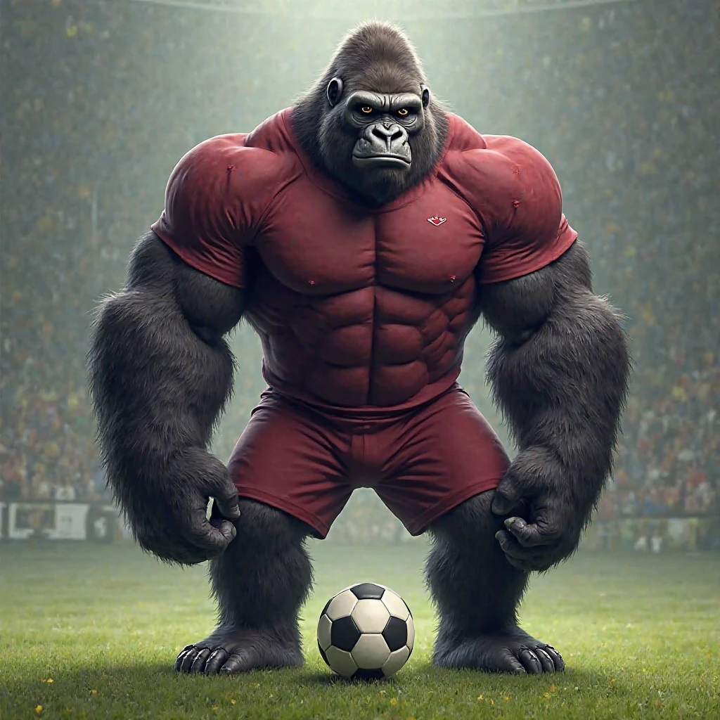 male gorilla, muscular athletic, naked, standing on a soccer field posing sensually, wearing sports shorts down revealing his large erect penis, shirt rolled up showing his torso, wearing a cap, during the day, NSFW, whole body, well detailed, Good quality, big body