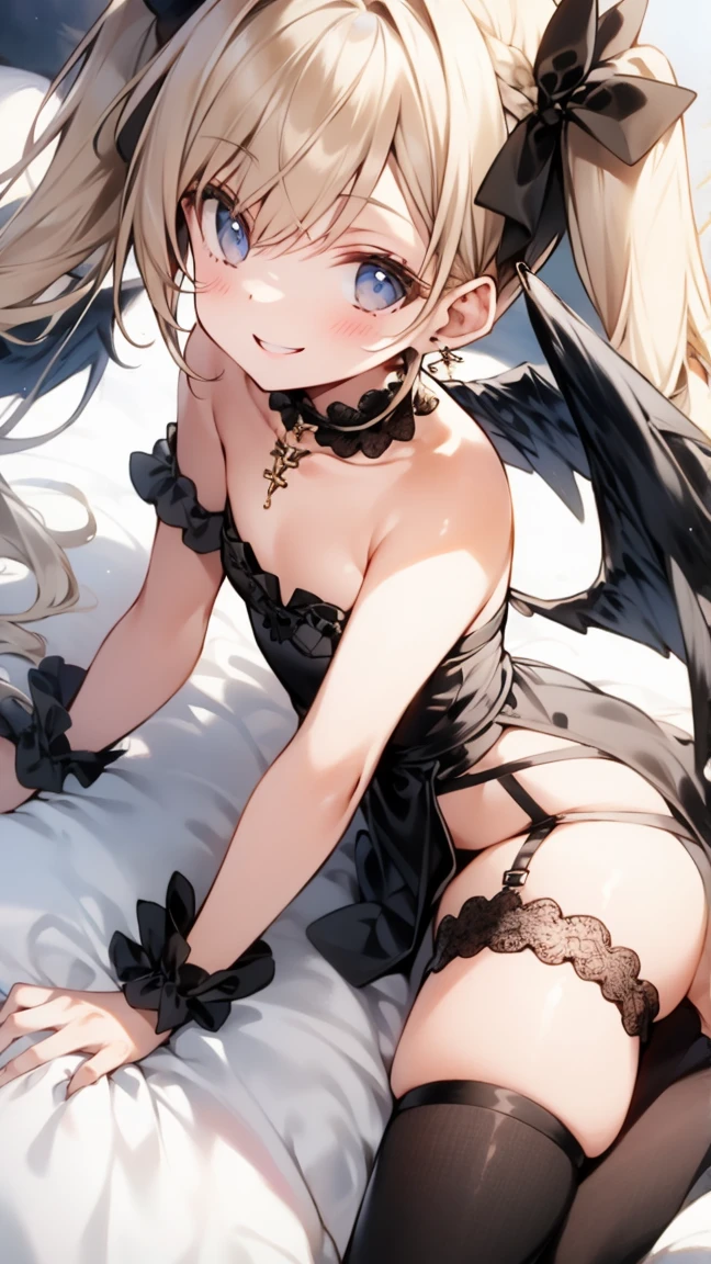 ((masterpiece)), (high detail, high quality, best picture quality), (cute illustration:1.2), extremely cute, perfect anatomy, (nsfw), (short bangs are straight)、(A Gothic ta maid lies openly on the bed with her armpits full open:1.3),very cute round face, embarrassed, seducing, smiling, (wide spread legs:1.2),sheer white panties, small breast, puffy nipples,