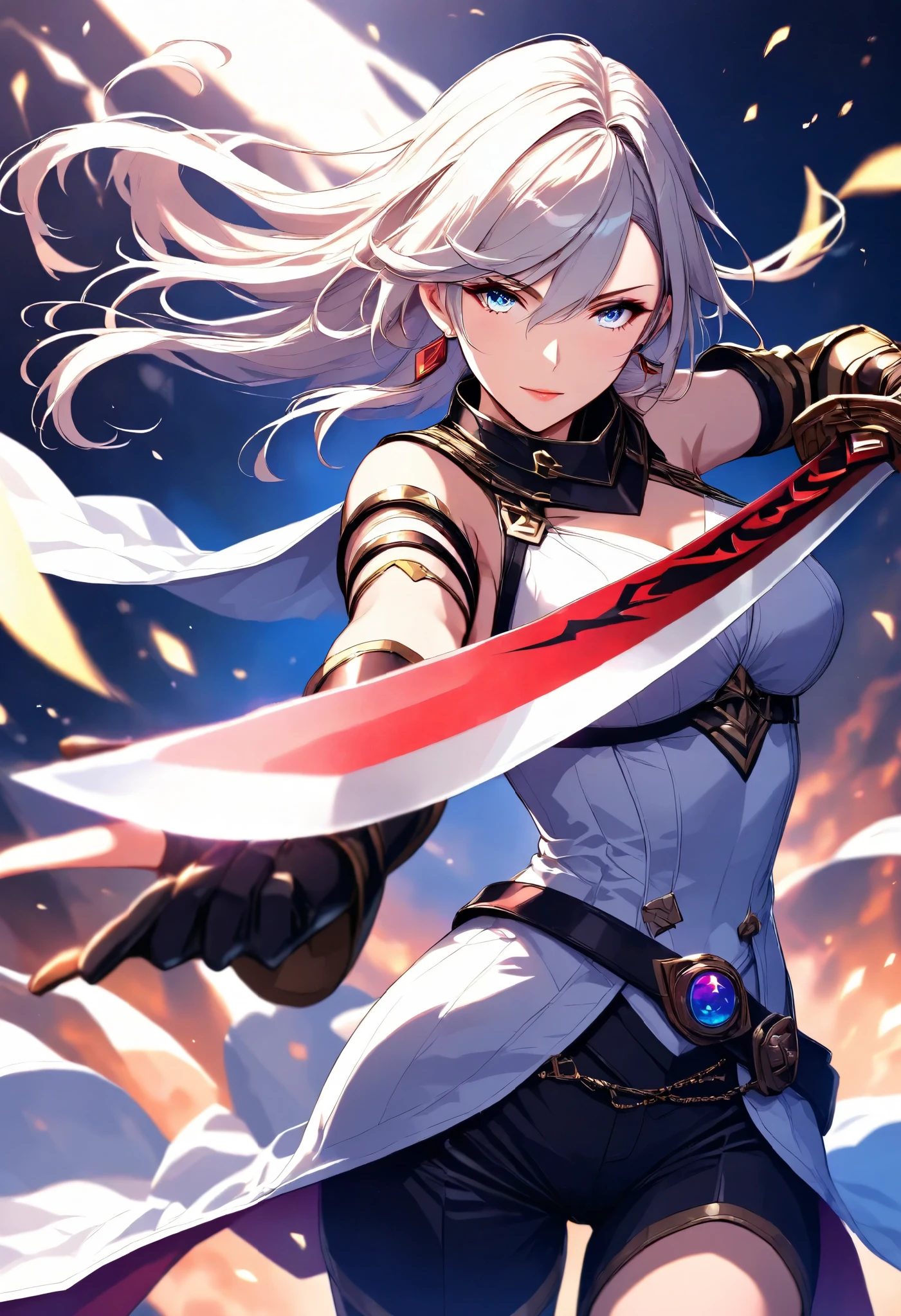 a woman, \character "ATLAS"\, solo, flying jump with raising a sword to slash,
