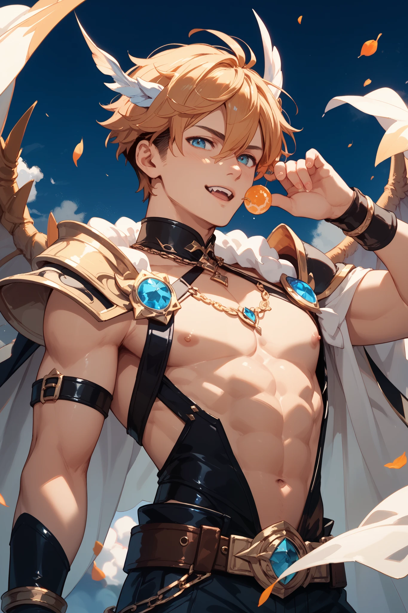 GilgameshTopless, solo, looking at viewer, smile, short hair, black hair, yellow eyes, 1boy, jewelry, male focus, earrings, necklace, armor, tattoo, glowing, chain, crossed arms, glowing eyes, topless male, gold armor, upper body, backlit, gold background, head tilt, smirk, parted lips, bright background, (glowing chains), (overexposure), petals, light particles, embers