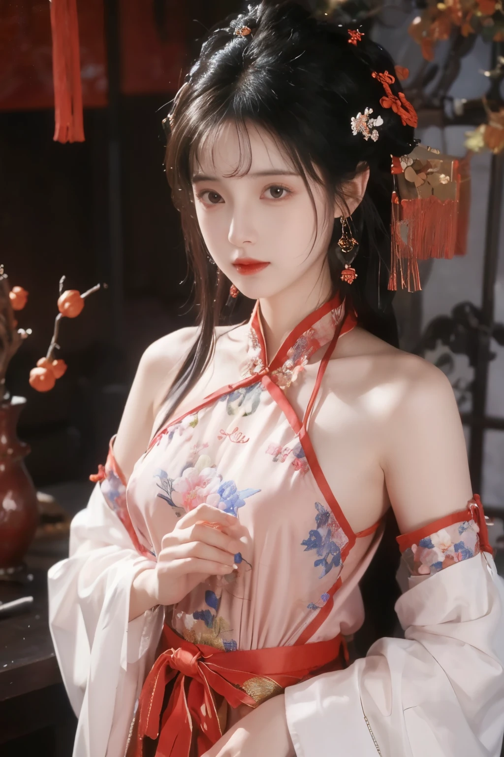 ( masterpiece, Top Quality, best quality, official art, beautiful and aesthetic:1.2), (1 Girl:1.3), flat chest, extremely detailed,(Fractal Art:1.1),(colorful:1.1)(Flowers:1.3),Highest Detail,(dynamic pose), (background:1.3), (traditional Chinese costume:1.2), (shiny skin), ( many colors :1.4), ,(earrings:1.1),