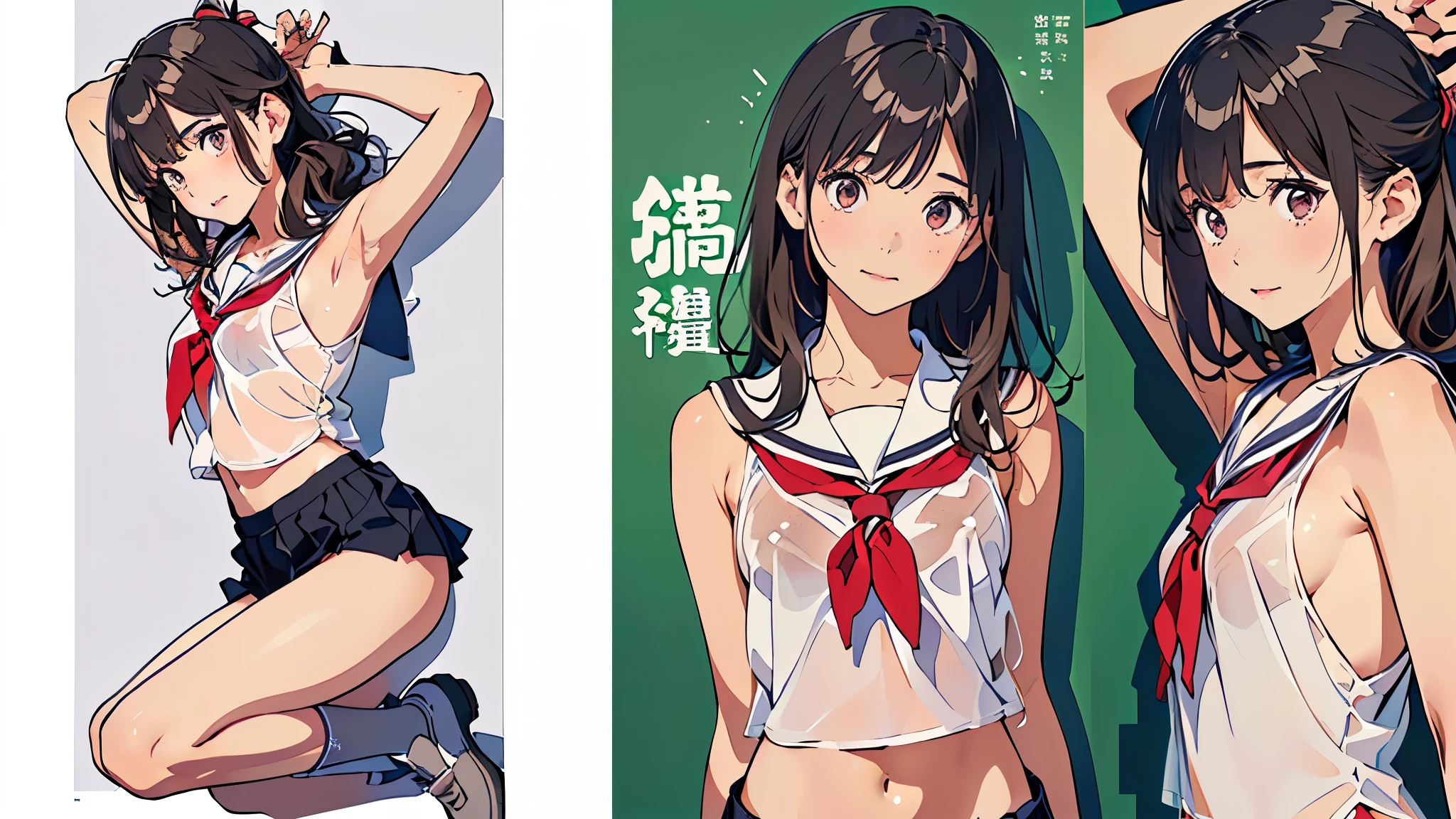 (Superflat, Flat Shading, flat-colors:1.1)、(Magazine Cover)、Illustrations、(One Asian boyish girl)、(cute little:1.2)、very beautiful 20 year old cartoon girl、Great smile、cheeks are reddened、(High Detail Skin: 1.2)、photorealistic anime girl render、realistic anime 3 d style、cute littleボブカット、Twin-tailed、beautiful brown hair、Intense black eyes、Strong highlights of the eyes、((Naked and oiled、accurate big breasts、sport underwear))、Perfect Anatomy、((magnifica、very large breast))、hair messy、Pretty underwear、((Tight white tennis uniform with navel、Supple and thin fabric))、((White miniskirt with flared hem))、Sportswear、sneakers、(support)、stadio、Volumetric lighting、Soft light、Vibrant colors、watercolor paiting、