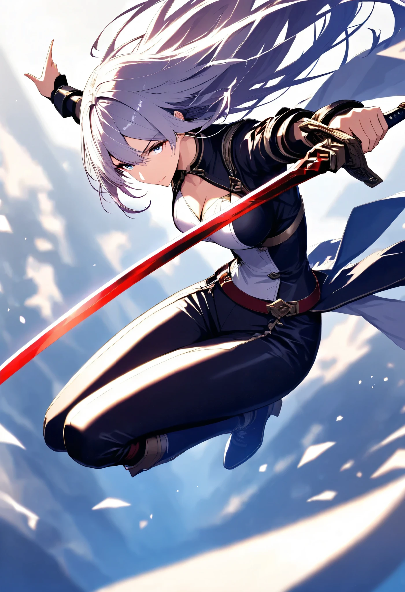 a woman, \character "ATLAS"\, solo, vertical slash to you, with flying jump, raising a sword moment,