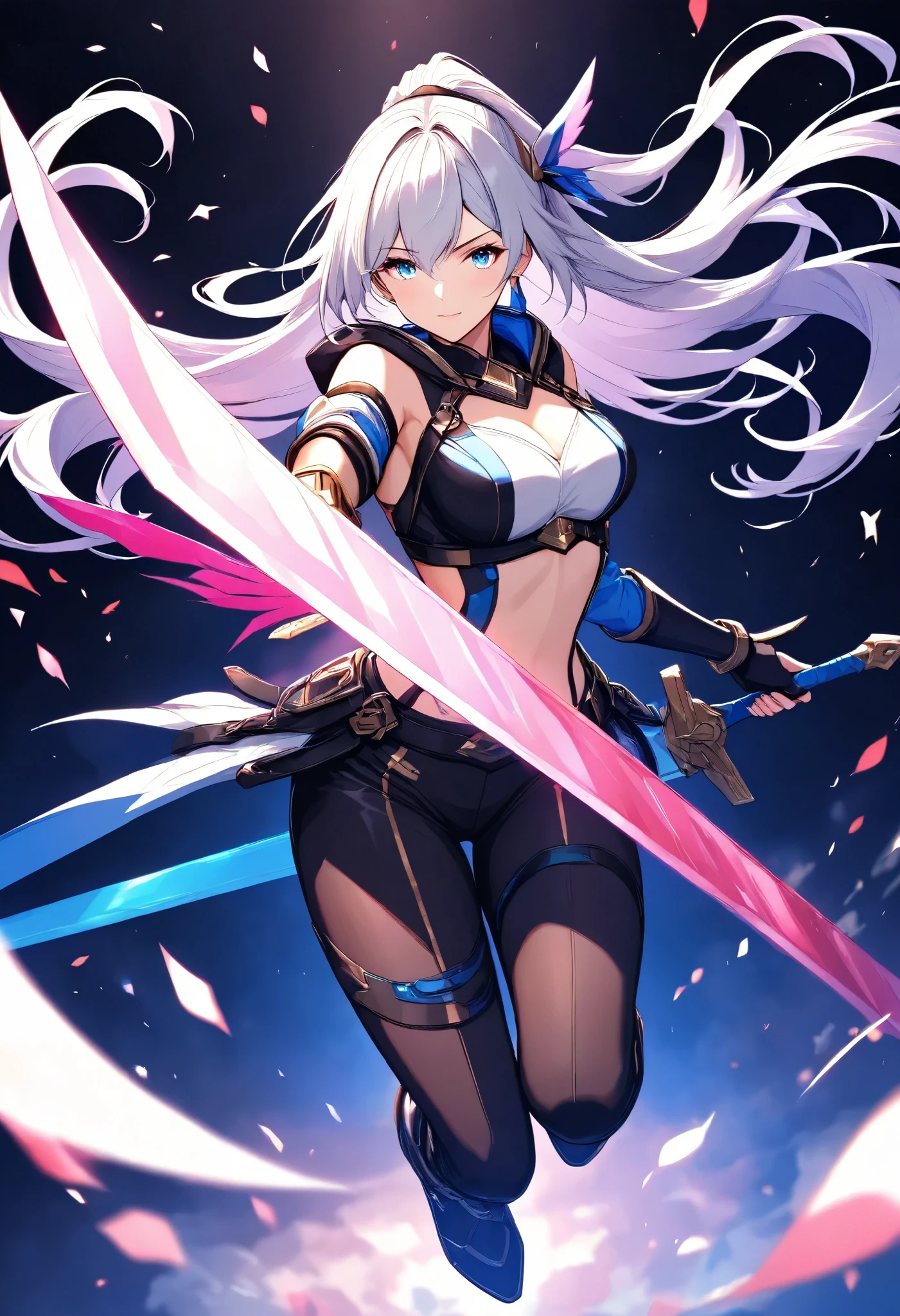 a woman, \character "ATLAS"\, solo, flying jump with raising a sword to vertical slash,