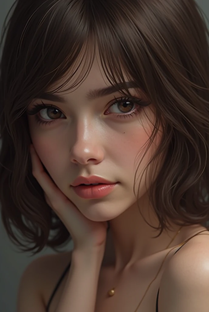 coloured photo, Close-up, ((realistic photo of a beautiful girl)), (Embu-Jordin:0.99), Light, ((glowy skin)), Looking_at_peeping at the viewer, (fit body:1.0), ((Small breasts)), Detailed illustration, Masterpiece, High quality, Realistic, Very detailed face,cum on facial