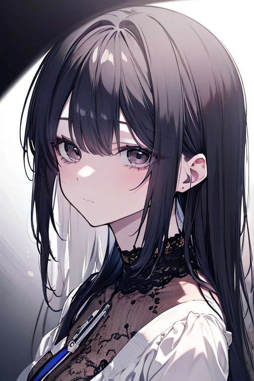 masterpiece, Highest quality, Super detailed, Best Shadow, Beautifully detailed face, Beautiful attention to detail, High Contrast,, One girl, small, (Flat Chest),  bangs, Hair on one eye, Black bare shoulders,, White Background:1.3,  (Face Focus:1.3, Eye close-up:1.3), ((From behind:1.3)), teeth,