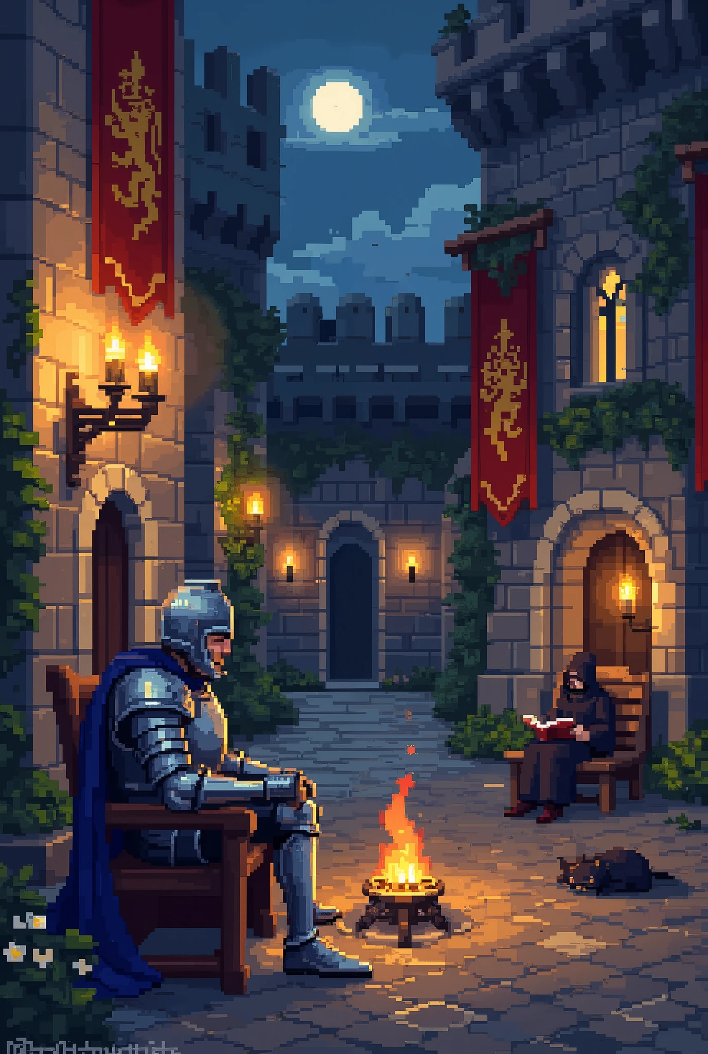 A highly detailed pixel art scene depicting a medieval knight in full plate armor, resting on a wooden bench in a grand yet peaceful castle courtyard. His helmet is removed, revealing tired but serene eyes as he gazes into the warm glow of a nearby brazier. His polished silver armor reflects the flickering firelight, and a deep blue cape drapes over his shoulders. His sword, adorned with an ornate hilt, rests carefully against the bench, its blade catching the light from nearby torches. His posture is relaxed, with one arm resting on his knee and the other gently holding a polished gauntlet.
Across from the knight, a cloaked scholar sits on a stone ledge, reading a weathered tome by the firelight. Their hood is pulled low, but a calm and focused expression is visible as they turn the pages. A small black cat sleeps curled up beside them, its fur glowing faintly in the warm ambiance.
The setting is an ancient yet well-maintained castle courtyard, surrounded by towering stone walls adorned with medieval banners featuring a golden lion crest. The courtyard is illuminated by several torches mounted on iron sconces, their flames casting long shadows on the cobblestone ground. In the background, an arched stone doorway leads into the castle halls, where faint candlelight flickers through stained glass windows. A gentle night breeze causes ivy vines to sway slightly along the walls, and small patches of wildflowers grow between the cracks in the stone.
The lighting is a warm and inviting combination of flickering torchlight and soft ambient moonlight filtering in from the open courtyard. The overall mood is one of safety, reflection, and nostalgia, evoking the comforting feeling of respite after a long journey. The scene is intricately shaded with a retro RPG aesthetic, using warm golden tones contrasting against the cool blues of the night sky. Every pixel is crafted with care, bringing out the depth and tranquility of this medieval sanctuary.