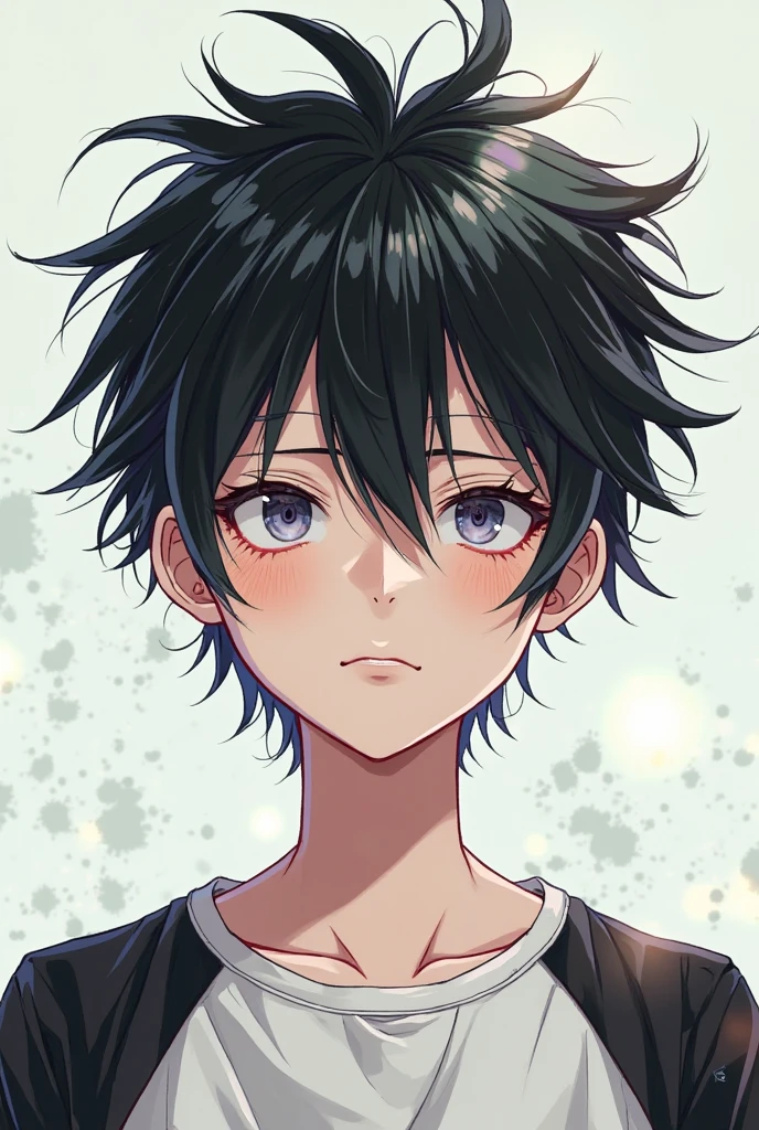 garoto simples de anime, mundo lo-fi, fundo roxo escuro com paisagem para a natura, design limpo, camisa de frio moleton preto, 2K resolution, pele parda, cabelo cacheado, adolescente 18 anos, neutral expression