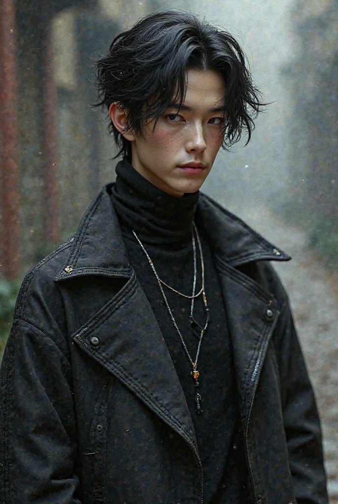 Create a male elf, black hair. More modern clothes. hair should be inspired by the Genshin Impact character Xiao, slightly longer . It should look young, Turtleneck top short oversized sweat jacket