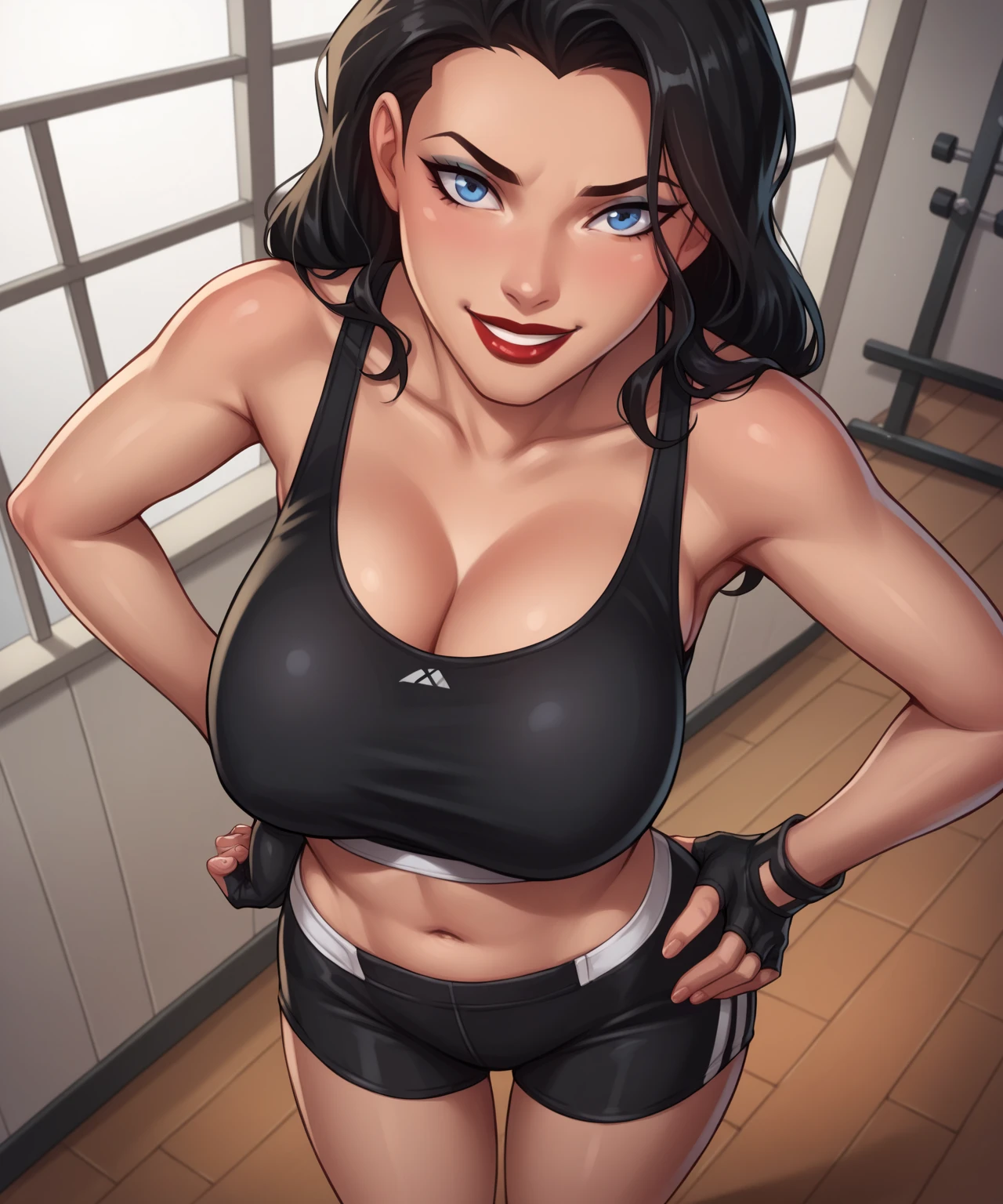 (masterpiece, top quality, best quality, official art, beautiful and aesthetic:1.2), (1girl:1.3), (gorgeous face), light freckles, fair skin, brown hair, extremely detailed, portrait, looking at viewer, solo, (full body:0.6), detailed background, close up, (airy modern theme:1.1), extremely busty gym girl, ponytail, big lips, arched back, flexing, charlatan, smirk, mysterious, standing in the gym, sports bra, leggings, headphones, wet, workout gear, weight machines, windows, modern gym, well-lit, thin and toned physique, ((((gigantic breasts, cleavage, skindentation)))), slim waist, slim hips, long legs, modern (gym interior:1.1) background, dark mysterious lighting, shadows, magical atmosphere, dutch angle,