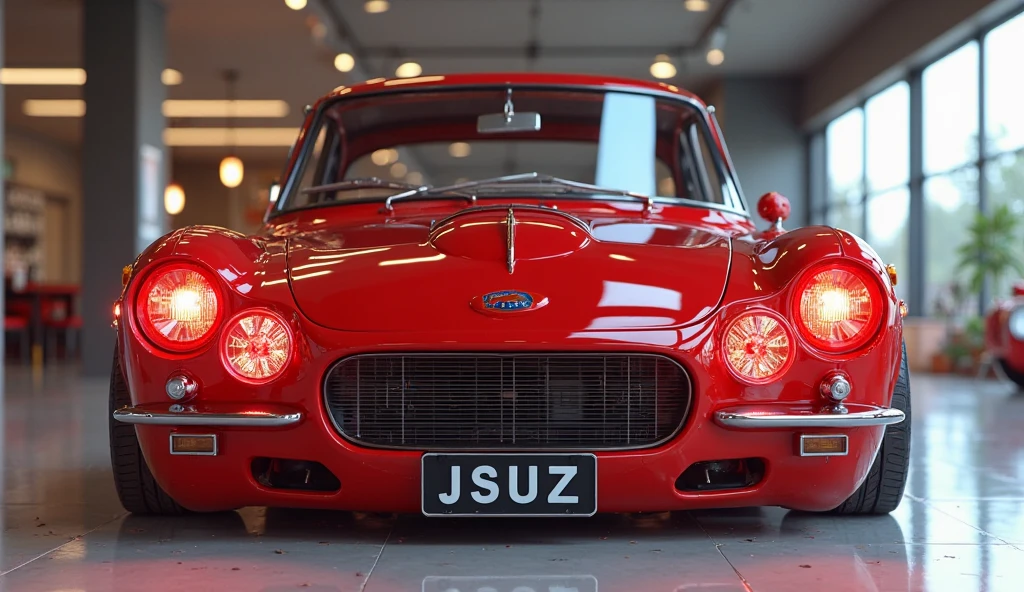 3D render of a heavily modified ( 1961 Isuzu Bellel)in (Red)colour, (full front view) The car features , ultra-high-detail glossy and shiny modifications, including sleek add-ons. The ( ) logo is prominently displayed on the , the (full front lights) are glowing red, and the license plate reads ' ( ) The scene is set in a bright luxury showroom with ultra-high shine floors and lighting, emphasizing the car’s glossy and shiny finish.