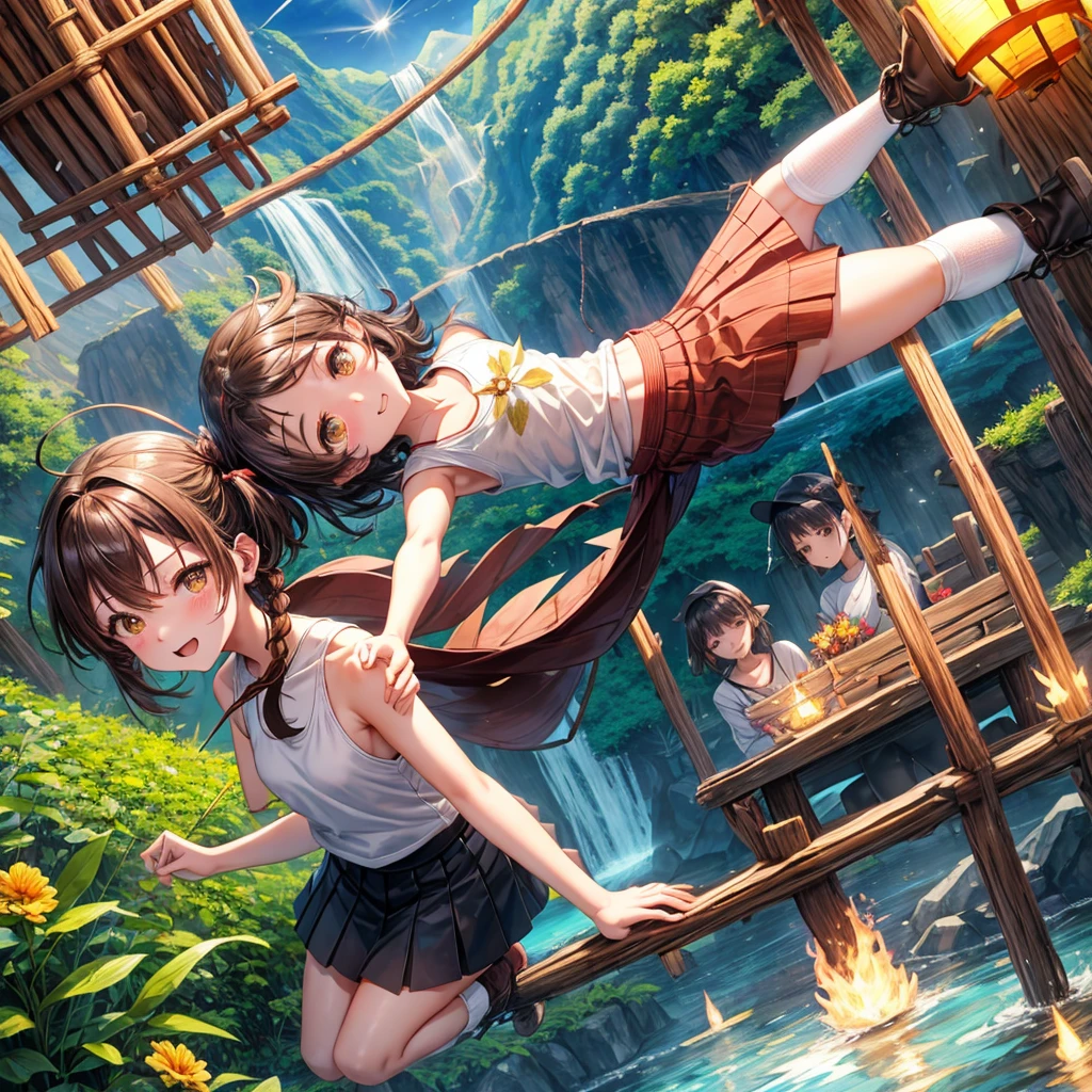 {{{Masterpiece, highest quality, high-resolution background}}}, bright and beautiful atmosphere, 1 girl (7 years old, round face, baby face), small breasts, easy-to-move clothes, girl climbing a thick tree, "deltamon_sdXL :0.73) >Deltamon”