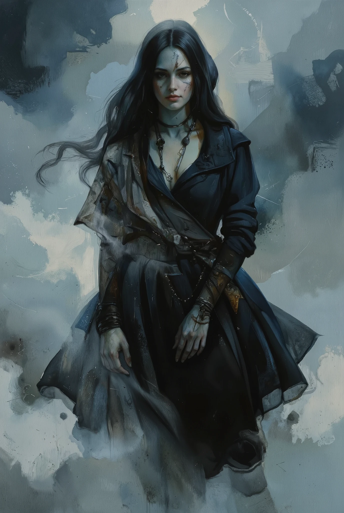 A hauntingly beautiful comic book illustration by Greg Rutkowski. A captivating woman, shrouded in mystery, stands amidst a swirling fog, her velvety abyss-like form seemingly absorbing the surrounding light. Her enigmatic presence radiates an aura of foreboding and intrigue, drawing the viewer in with its dark allure. Chiaroscuro techniques emphasize textures and dimensions. Impasto effects add tactile depth to the subject's worn features. The overall atmosphere is one of awe-inspiring horror and wonder.