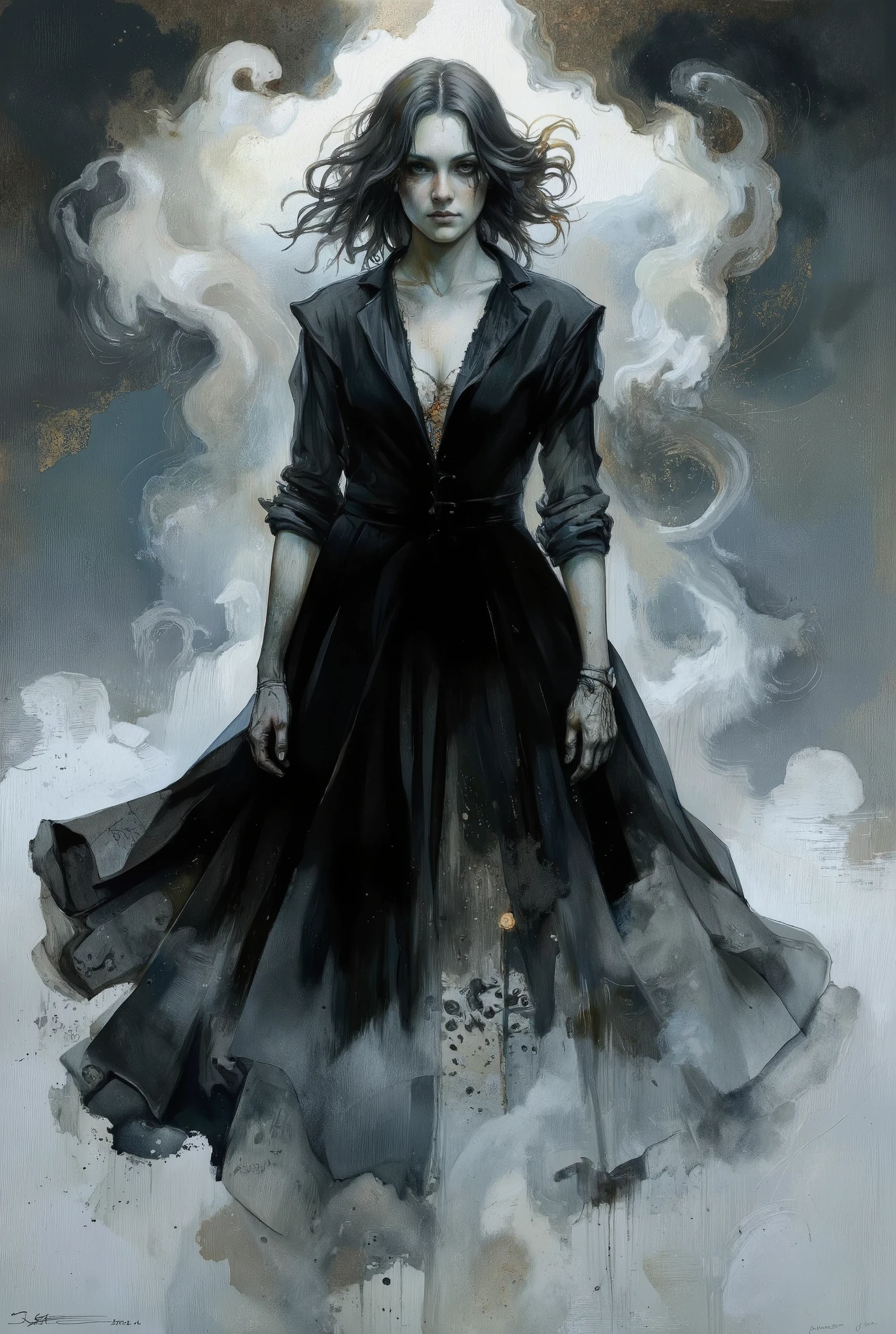 A hauntingly beautiful comic book illustration by Greg Rutkowski. A captivating woman, shrouded in mystery, stands amidst a swirling fog, her velvety abyss-like form seemingly absorbing the surrounding light. Her enigmatic presence radiates an aura of foreboding and intrigue, drawing the viewer in with its dark allure. Chiaroscuro techniques emphasize textures and dimensions. Impasto effects add tactile depth to the subject's worn features. The overall atmosphere is one of awe-inspiring horror and wonder.