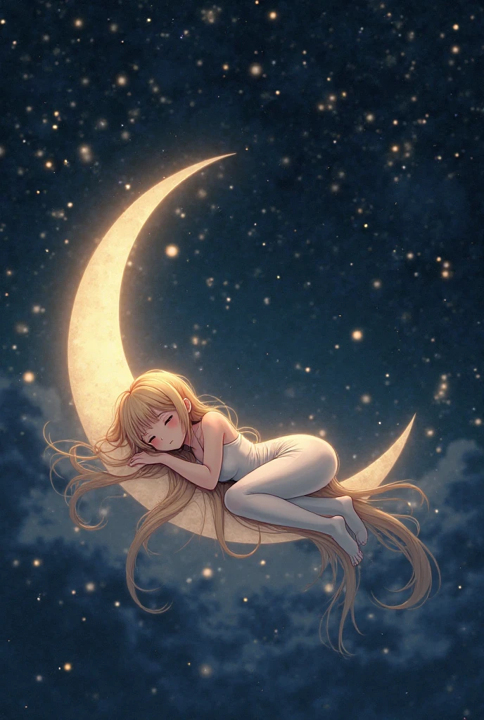 a beautiful 20 year old blonde nude woman with big messy hair, laying on a fluffy cloud, floating gracefully over a small city, cityscape, twinkling stars and glowing moon at night, cute detailed digital art, colorfull digital fantasy art, digital fantasy art ), glossy digital painting, rossdraws pastel vibrant, rossdraws 2. 5, rossdraws 1. 0