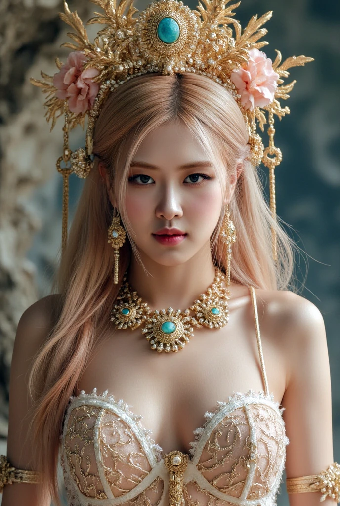 (intense chest expression),top-quality、masterpiece、超A high resolution、(Gold Dragon Armor)、(((Colossal tits)))、(((large floral ornament on the head))),(((Detailed Micro Bikini))),(Wearing a beautiful crown made of jewels),(Photorealsitic:1.4)、Raw photo、女の子1人、(((Random hair))、(((Take different poses)))、glowy skin、(((White Chinese Dragon)))、Intricate and ornate hair ornaments、(Looks like a gorgeous jewelry necklace)、(Full Body Angle)、(fight big dragonet bikini)、((Beautiful sea background)),Precipitous cliffs、(Castle background)、((super realistic details))、portlate、globalillumination、(sexypose)、Shadow、octan render、8K、ultrasharp、Colossal tits、Raw skin exposed in the cleavage、metals、Details of complex ornaments、Japan details、highly intricate detail、Blue eyes、Eyes shining towards the camera、Toostock、(Full Body Angle)、(veils)、(((Heavy Big))),((she is wearing a beautiful jeweled bangle.)),Beautiful hip line、