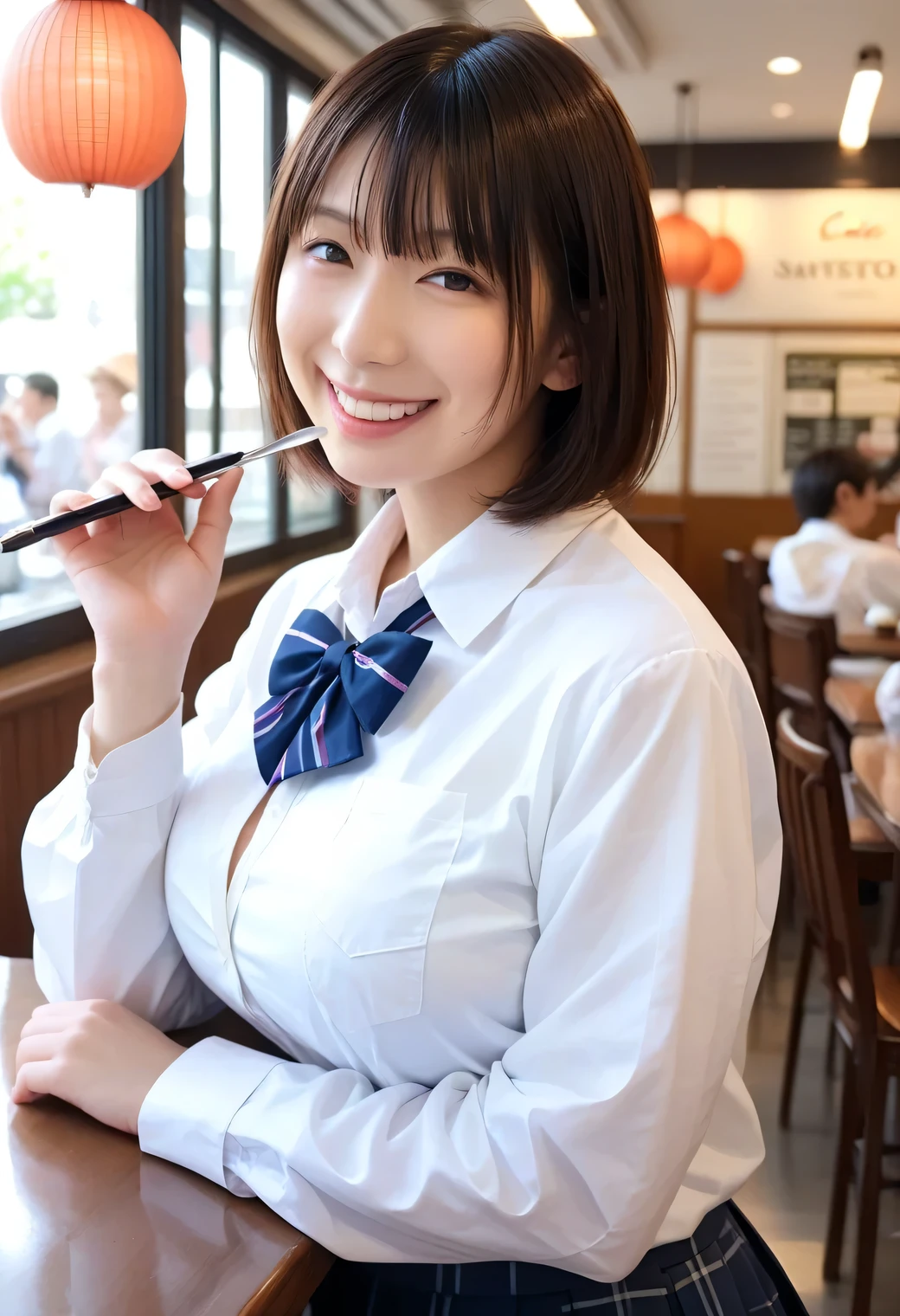 Genuine, nsfw, high resolution images , masterpiece, top quality , high quality , very detailed, More Information, sharp details, sharp concentration, professional lighting , alone, 1 girl, Young Japanese Women with Butts, max per body, ((dark brown hair,short hair)),active, boyish woman , glamour, Bitch,small head, Xiaoyan,beautiful detailed face, ((happy smile)), ((white shirt,school uniform)), ((Big Breasts:1.4)), front view, Viewer, perfect hand, perfect anatomy,((Cafe, are dating))