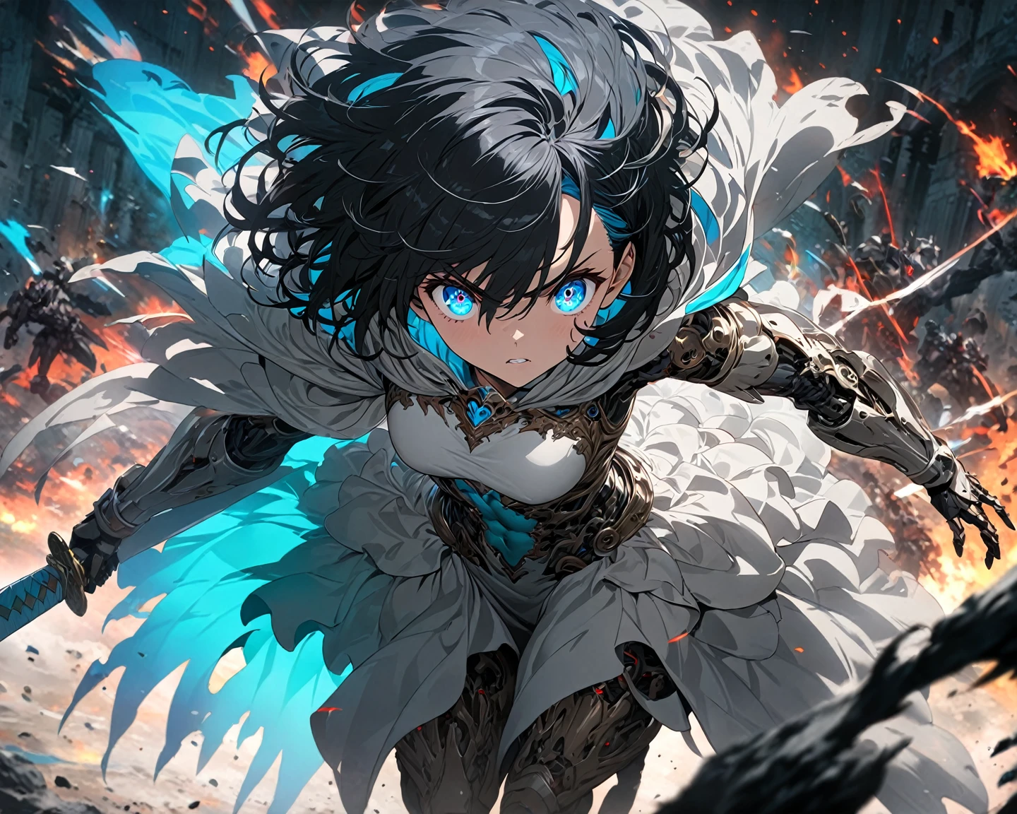 Anime art style, Fubuki from one punch man, green hair, white skin, wearing V-neck dress, flying over destroyed rock, cinematic lights, blushing cheeks, ligth smiling, detailed small breast, wide hips, NSFW, cowboy shot.