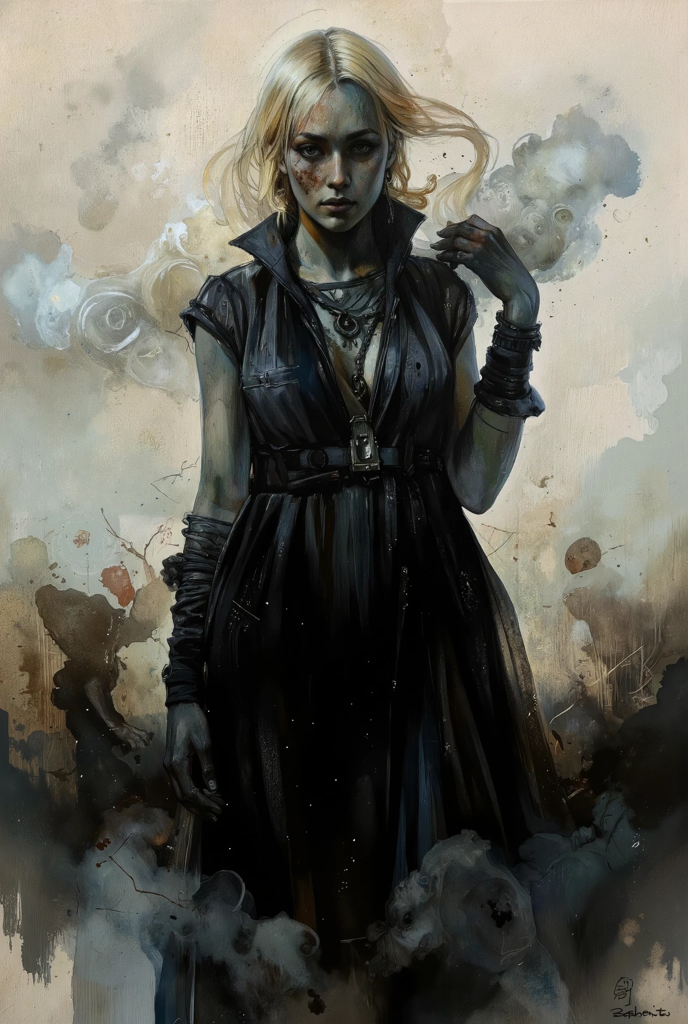 A hauntingly beautiful comic book illustration by Greg Rutkowski. A captivating woman, shrouded in shadows, stands amidst a swirling fog, her velvety abyss-like form seemingly absorbing the surrounding light. Her enigmatic presence radiates an aura of foreboding and intrigue, drawing the viewer in with its dark allure. Chiaroscuro techniques emphasize textures and dimensions. Impasto effects add tactile depth to the subject's worn features. The overall atmosphere is one of awe-inspiring horror and wonder.