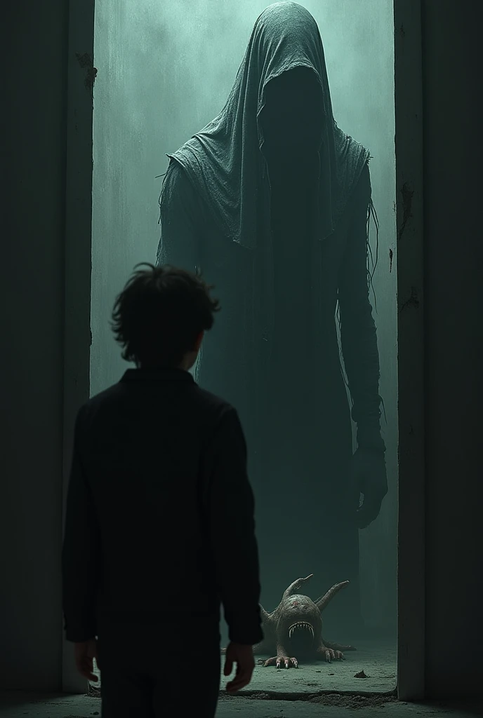 The young man frozen in fear, eyes wide, as the ghostly figure looms closer, the atmosphere heavy with dread and cold