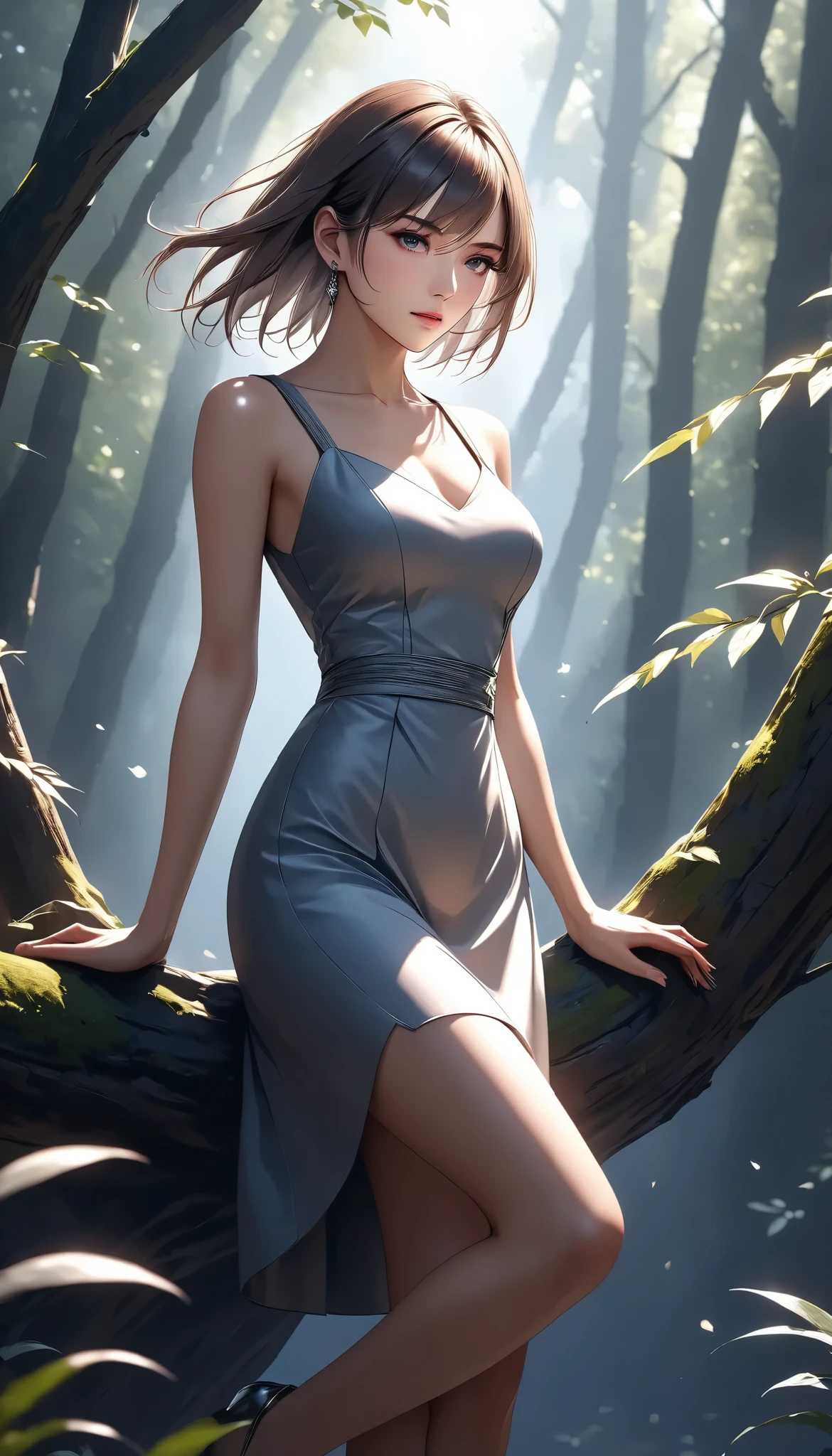 high quality,4K Realtime, super detailed pictures,Professional,Delicate Light,charming expression,Serious Eyes by Experts, calm pose,Emotional Gaze,sophisticated vibe,Exquisite texture ,A background that blends into nature,Elegant Color Palettes, short length dress,Playing with light and shadow,Realistic Composition