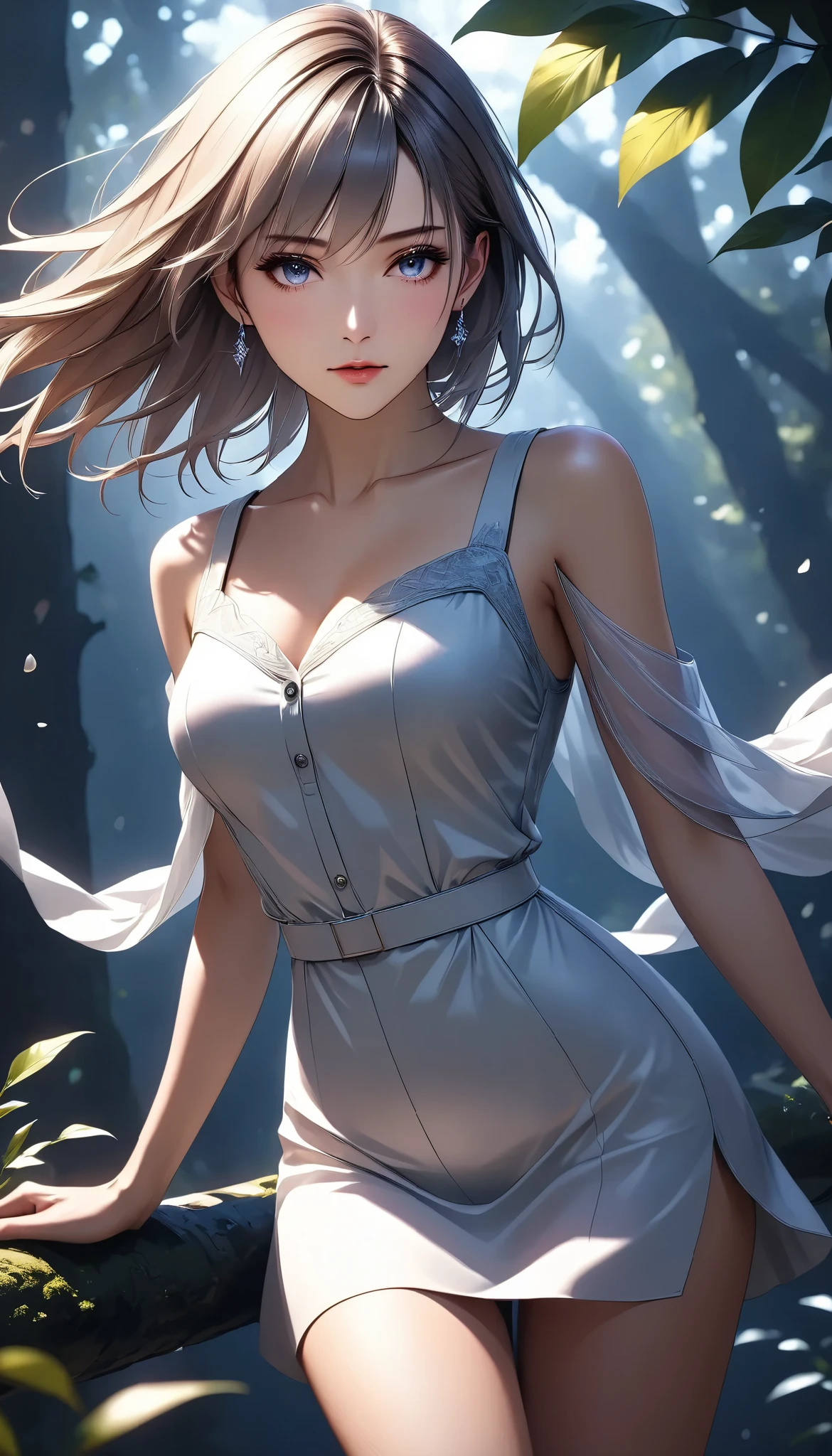 high quality,4K Realtime, super detailed pictures,Professional,Delicate Light,charming expression,Serious Eyes by Experts, calm pose,Emotional Gaze,sophisticated vibe,Exquisite texture ,A background that blends into nature,Elegant Color Palettes, short length dress,Playing with light and shadow,Realistic Composition