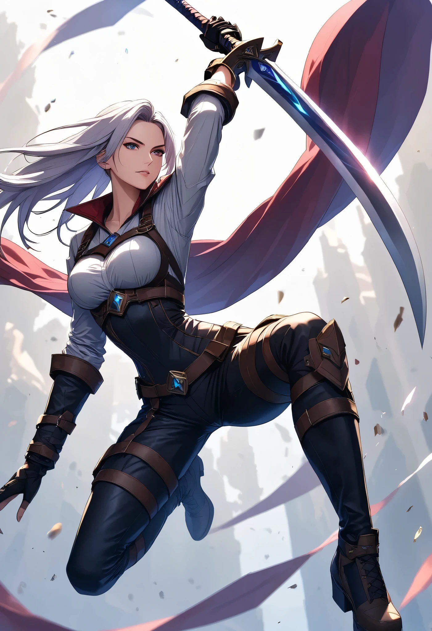 a woman, \character "ATLAS"\, solo, flying jump with raising a sword to slash, \ARW, raise a sword posing\, 