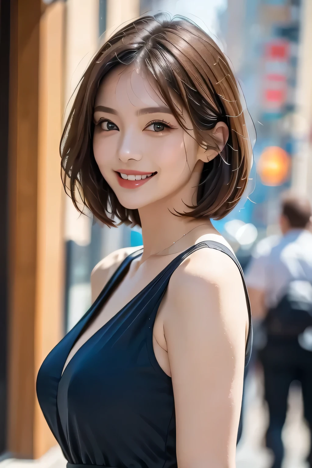 (highest quality, 8k, 32K, masterpiece), (Realistic), (Realistic:1.2), (High resolution), (night:1.7), Japan, cyber punk, 街の景Farbe, In front of the window,Wooden floor, Blue jacket, Grey Shirt, clavicle, jewelry, gem, Brunette Bob, 1 female, 45 years old, (Grin), Beautiful body, beautifulNose, beautifulcharacter design, Perfect Eyes, perfectface, Expressive eyes, View your audience, Center the image, (Cowboy Shot), Official Art, Very detailed CG Unity 8k wallpaper, Perfect lighting,Farbeful, bright_front_face_Lighting,Glowing Skin, (masterpiece:1.0),(Highest_quality:1.0), 超High resolution,4K,Very detailed, photograph, 8k, High resolution, High resolution, absurdes:1.2, Kodak Port 400, Film Grain, Blurred Background, bokeh:1.2, Lens flare, (Vibrant_Farbe:1.2) (beautiful,chest), (beautiful_face:1.5),(narrow_Waist)