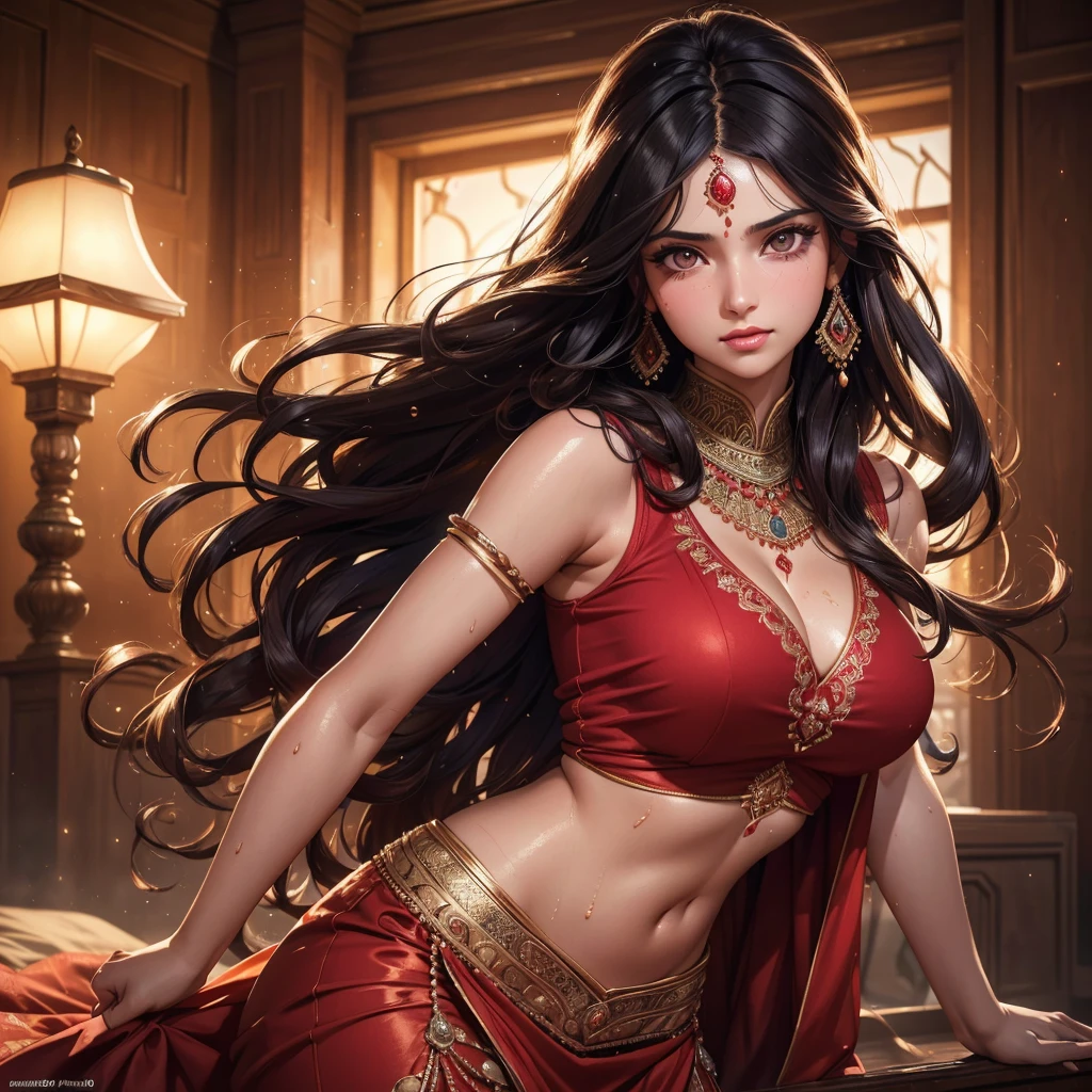 1 beautiful Persian princess wearing a fitted red sharara, long wavy black hair, visible sweaty armpits, entire body covered glistening sweat, big breasts, fully body visible , white skin, detailed facial features, beautiful detailed eyes, beautiful detailed lips, extremely detailed eyes and face, long eyelashes, portrait, (best quality,4k,8k,highres,masterpiece:1.2),ultra-detailed,(realistic,photorealistic,photo-realistic:1.37),dramatic lighting, warm color tones, vibrant colors