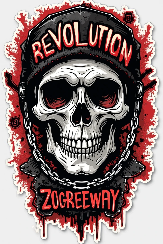 **Prompt:**  

"A bold and edgy sticker design inspired by revolution cult fashion. The sticker features a mix of punk, gothic, and streetwear aesthetics with sharp typography, rebellious symbols like anarchy signs, skulls, chains, and bold slogans. The color palette includes black, red, and white with a distressed, grunge texture. The design has a raw, underground vibe, perfect for urban fashion enthusiasts."