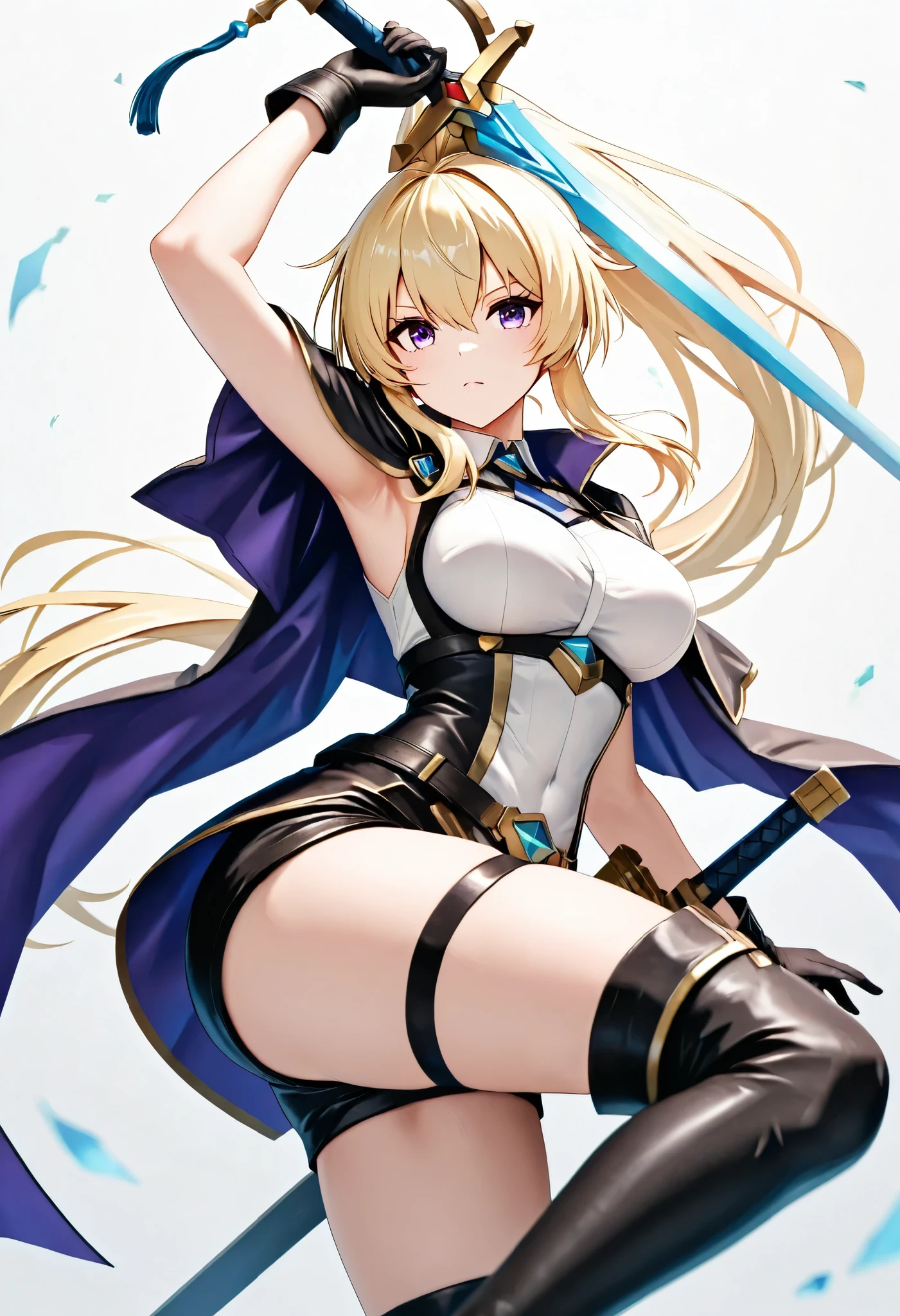 a woman, \character "ATLAS"\, solo, flying jump with raising a sword to slash, \ARW, raise a sword posing with okmc\,