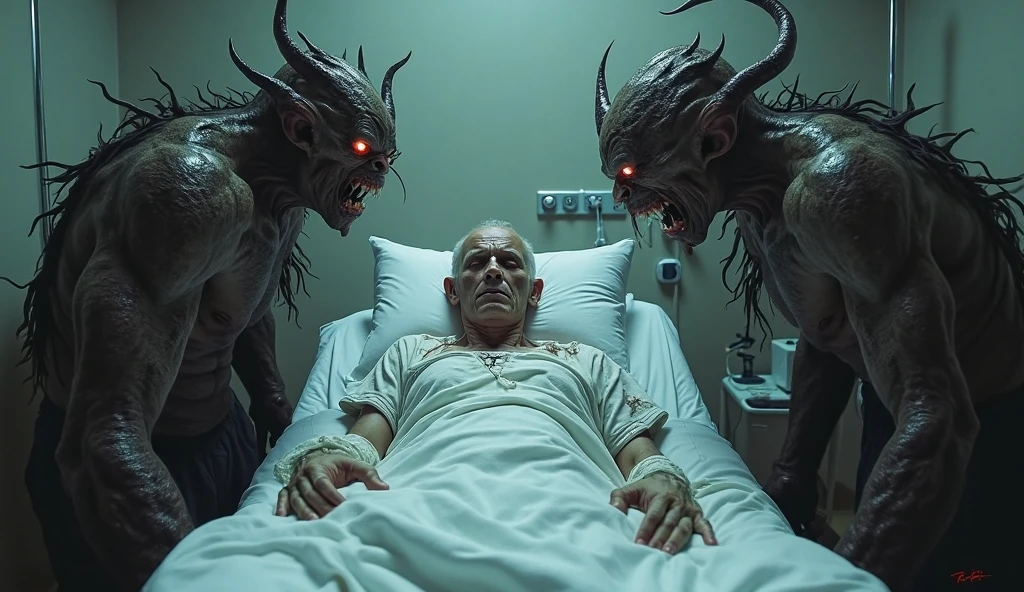 demons grabbing a man's spirit by force. The man is in a hospital bed