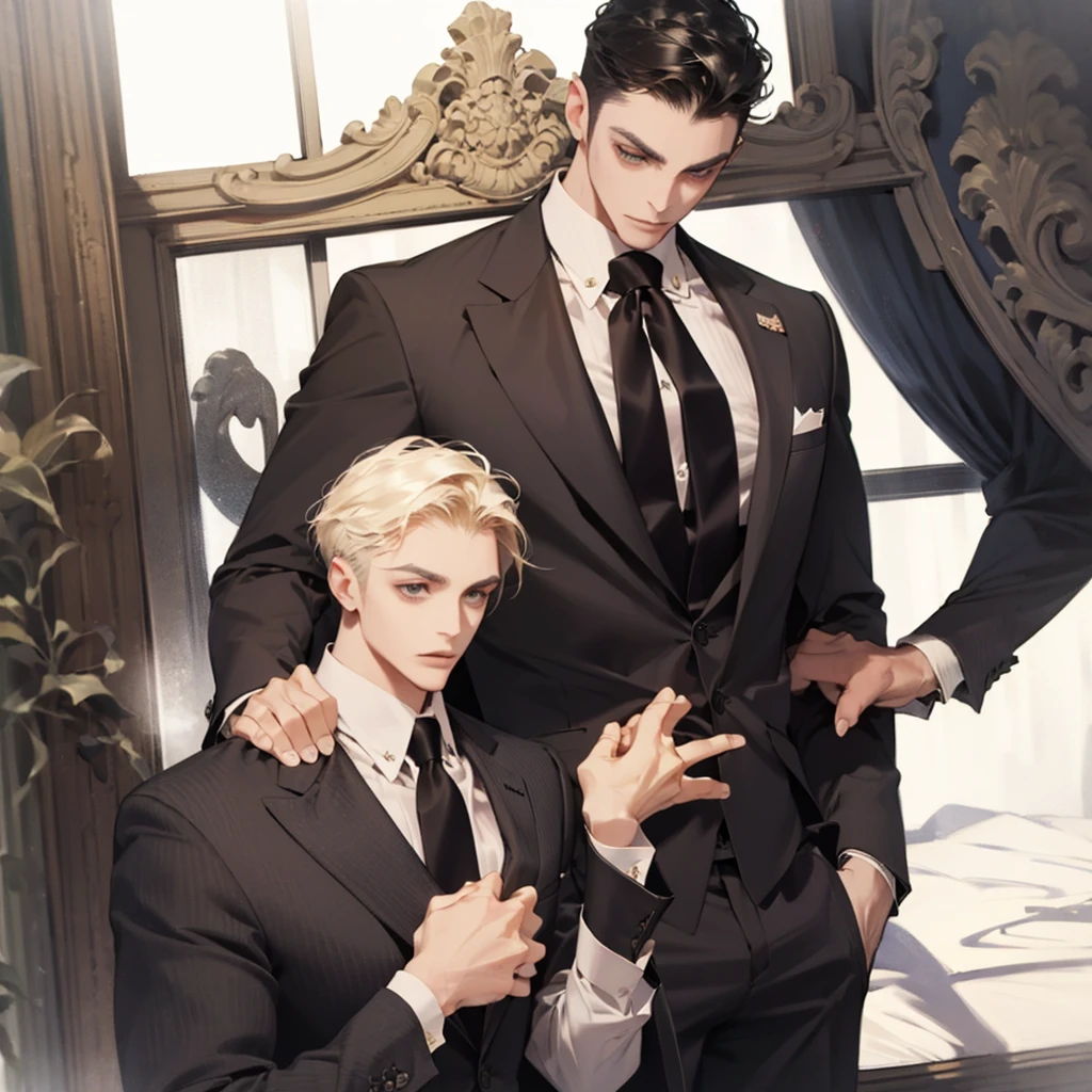 ((One young man with a black suit and tie)), gotham, alejandro, (((side swept dark short hair))), (dark green eyes and thick eyebrows), smirk, ((30 years old)), ((masterpiece)), posture dynamic, ((cinematic lighting)), (height tall around 5'6)